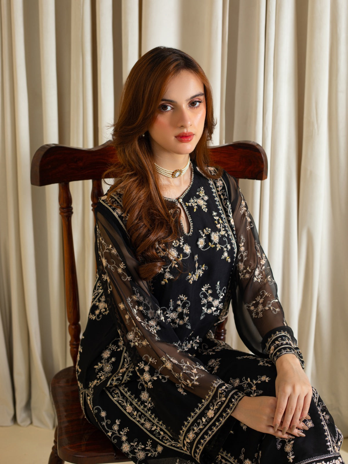 2 Piece - Embroidered Chiffon Suit S109839 - Image 6