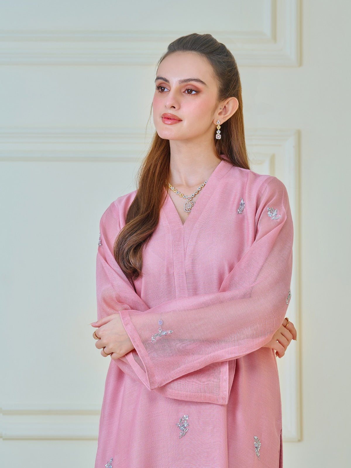 2 Piece - Pure Cotton Net Embroidered Suit S109987 - Image 2