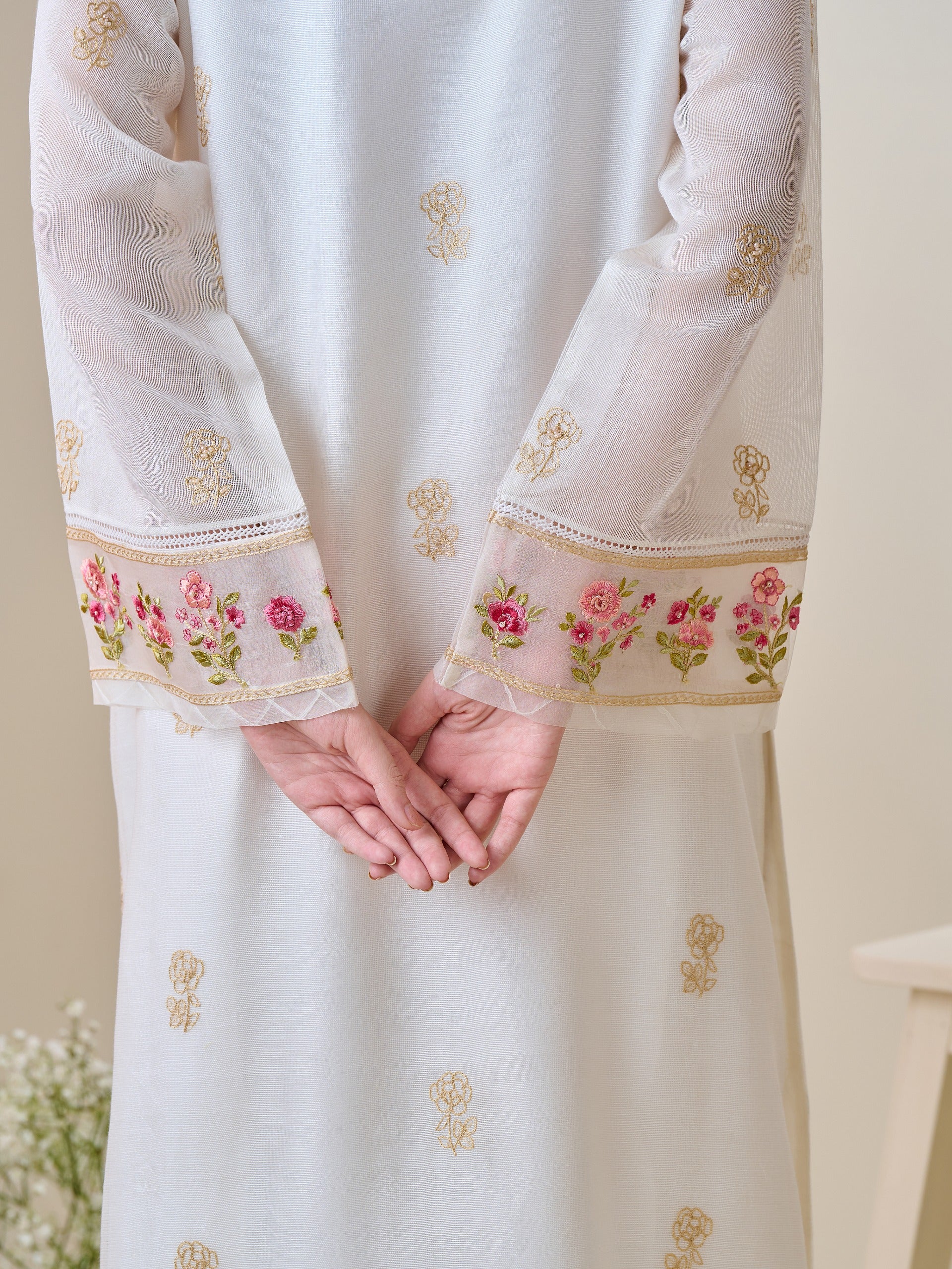 2 Piece - Pure Cotton Net Embroidered Suit S110160 - Image 3