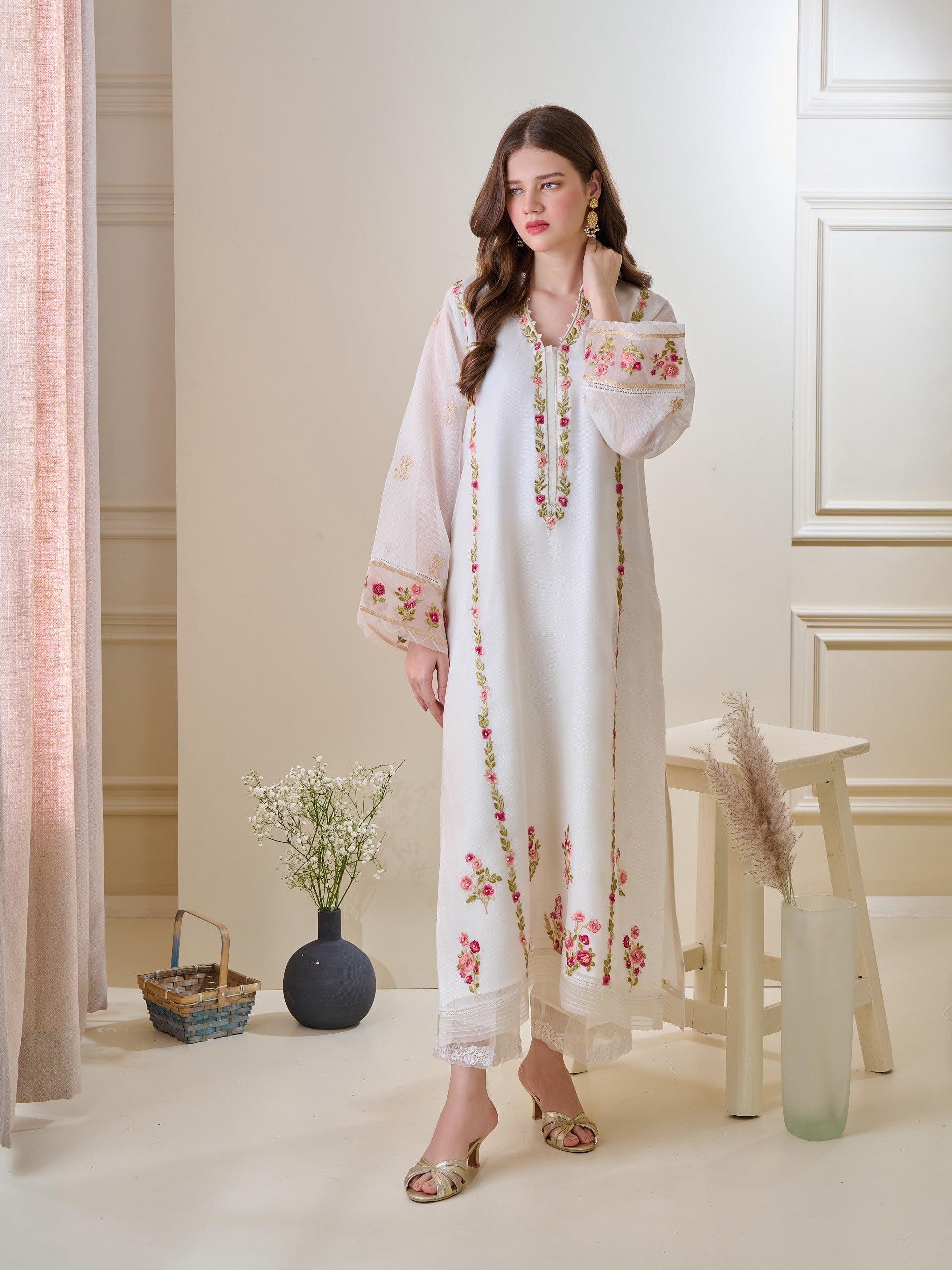 2 Piece - Pure Cotton Net Embroidered Suit S110160 - Image 6