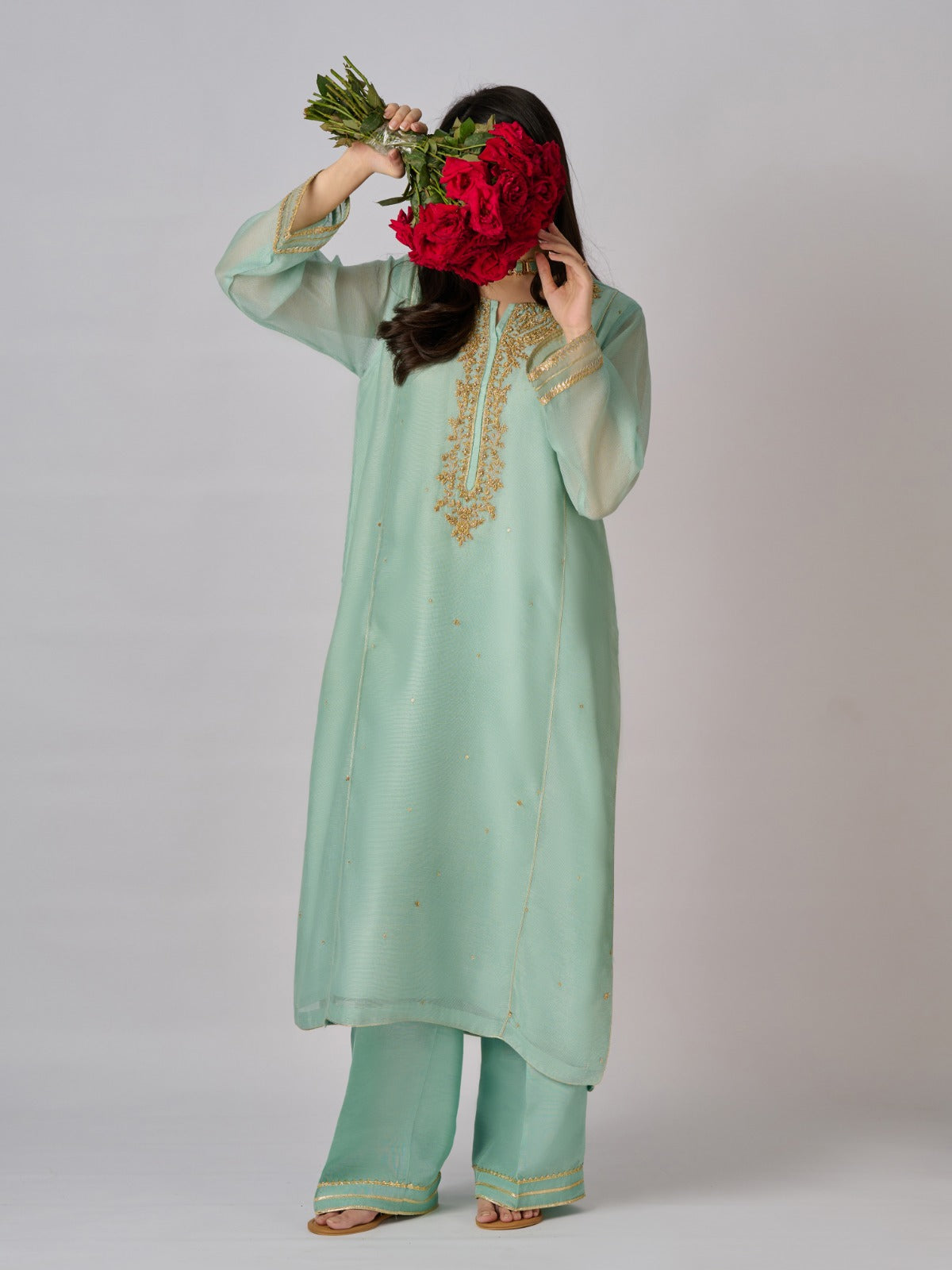 2 Piece - Pure Cotton Net Embroidered Suit S110333 - Image 5