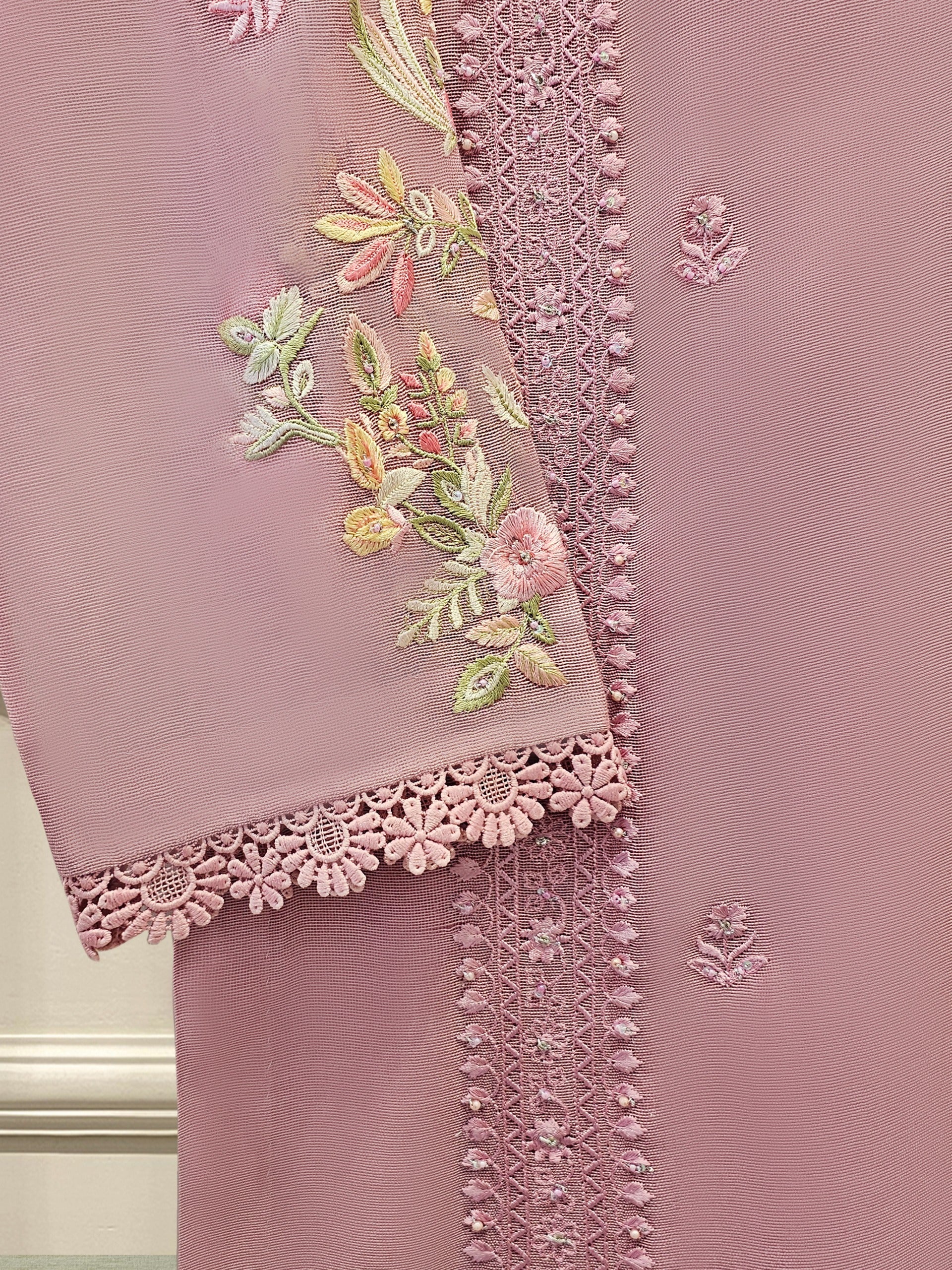 2 Piece - Pure Cotton Net Embroidered Suit S111676 - Image 4