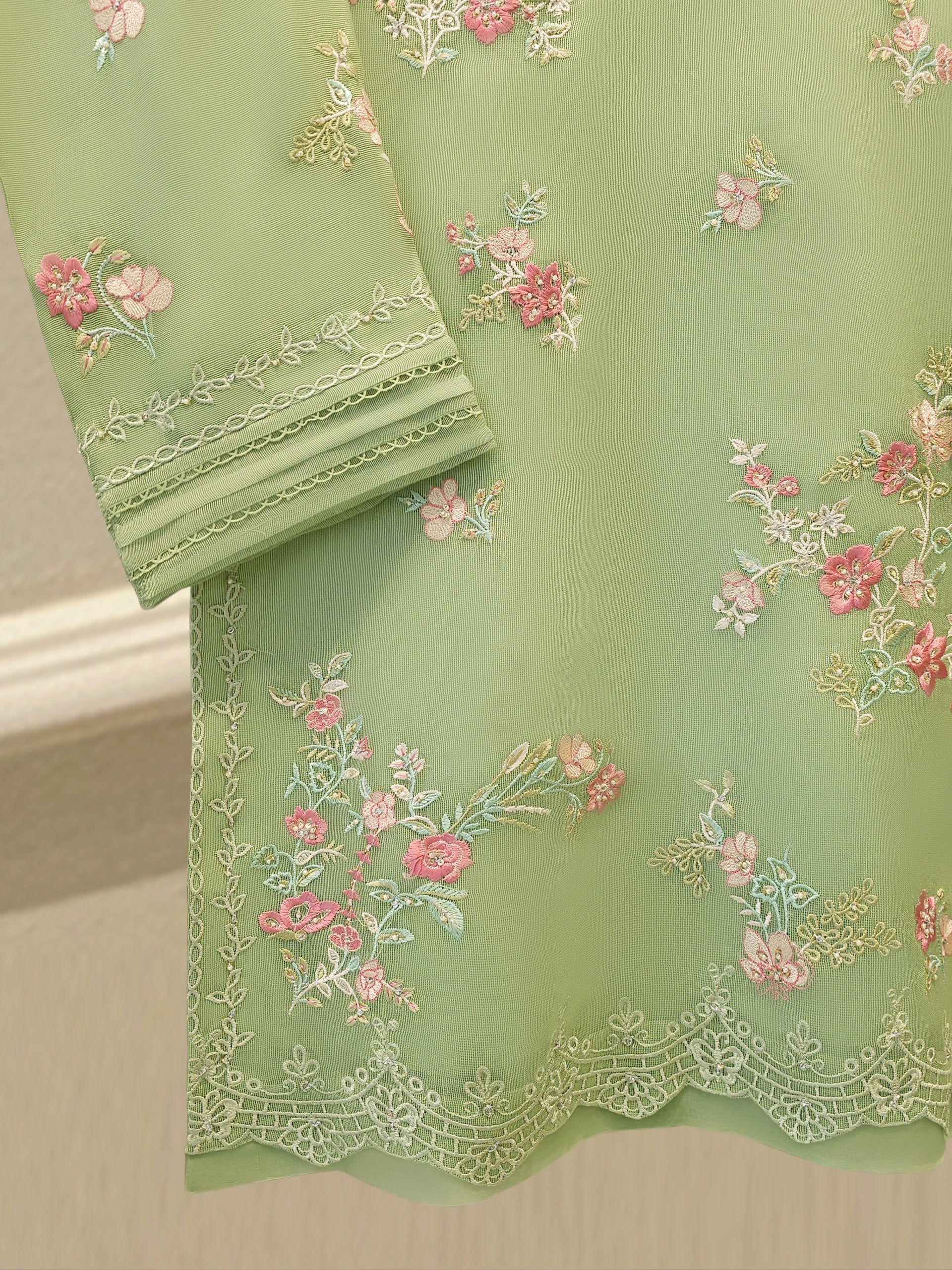2 Piece - Pure Embroidered Cotton Net Suit S112374 - Image 3