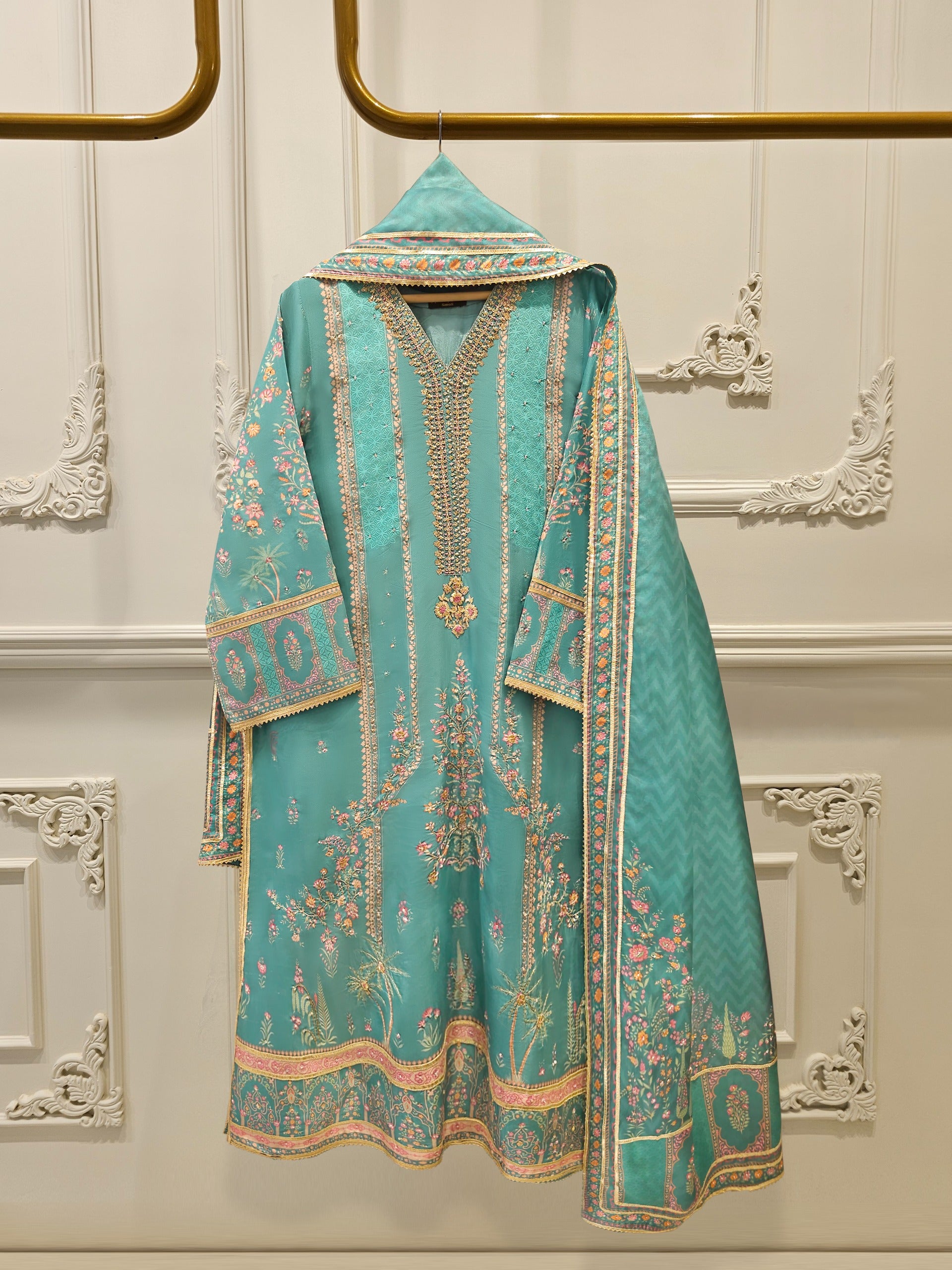 3 Piece- 100% Pure Raw Silk Embroidered Suit S111865