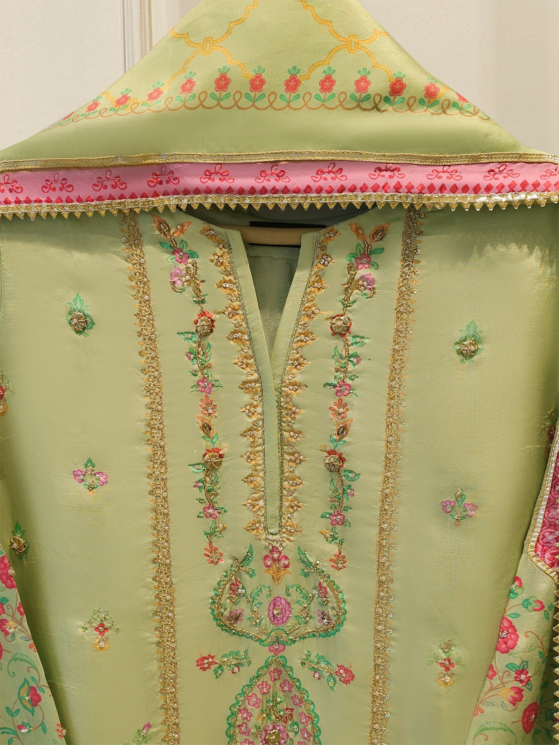 3 Piece- 100% Pure Raw Silk Embroidered Suit S111983 - Image 2