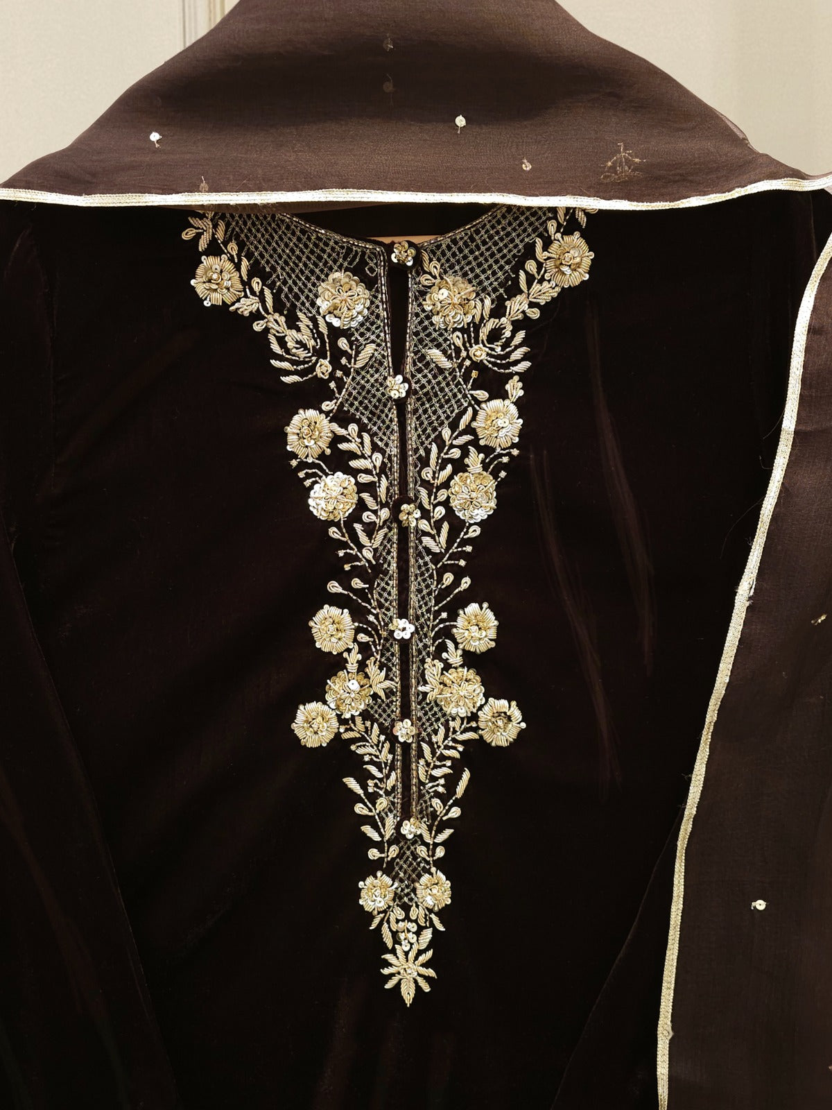 3 Piece - Embroidered Velvet Suit S112733 - Image 2