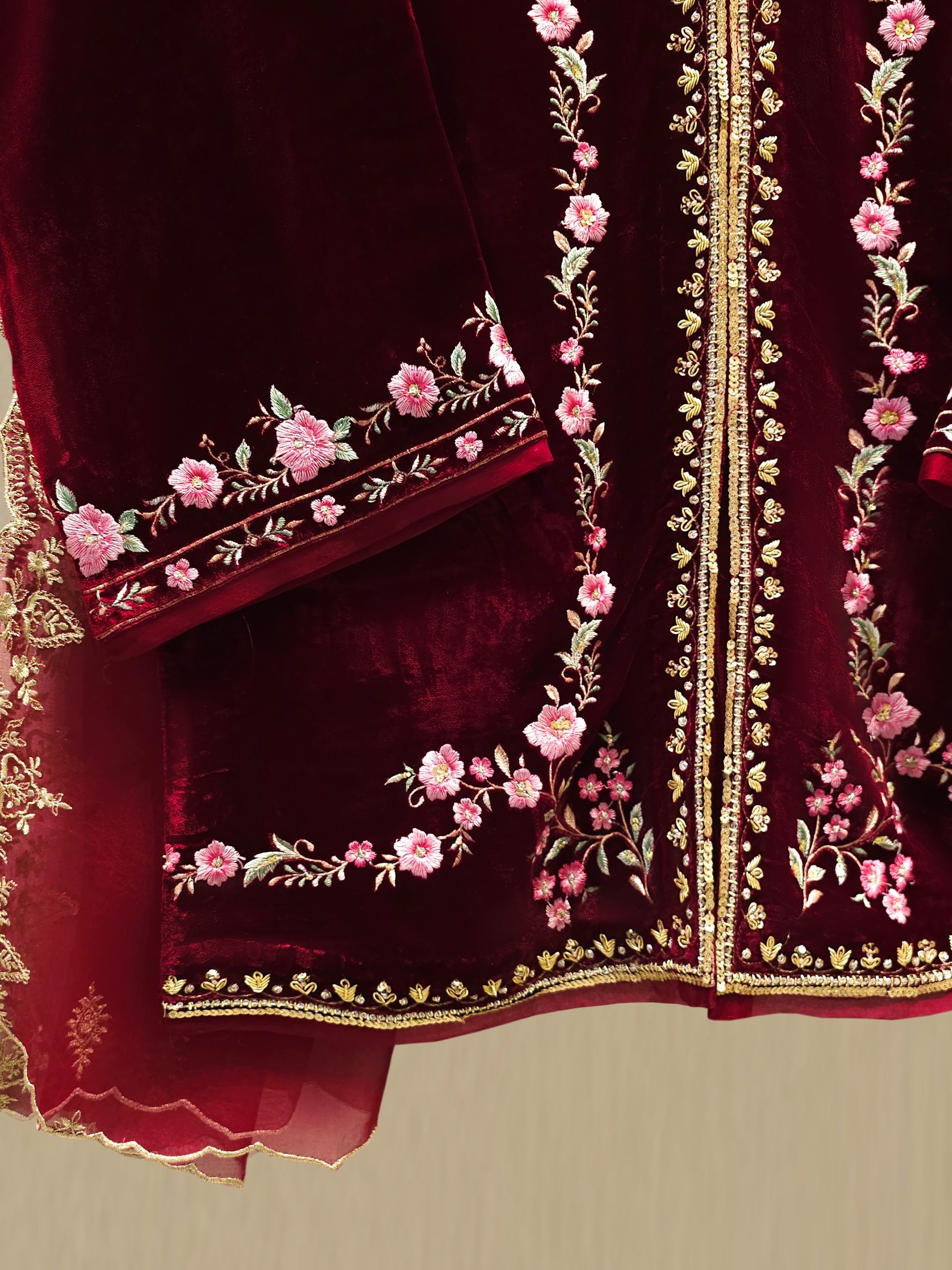 3 Piece - Embroidered Velvet Suit S112849 - Image 3