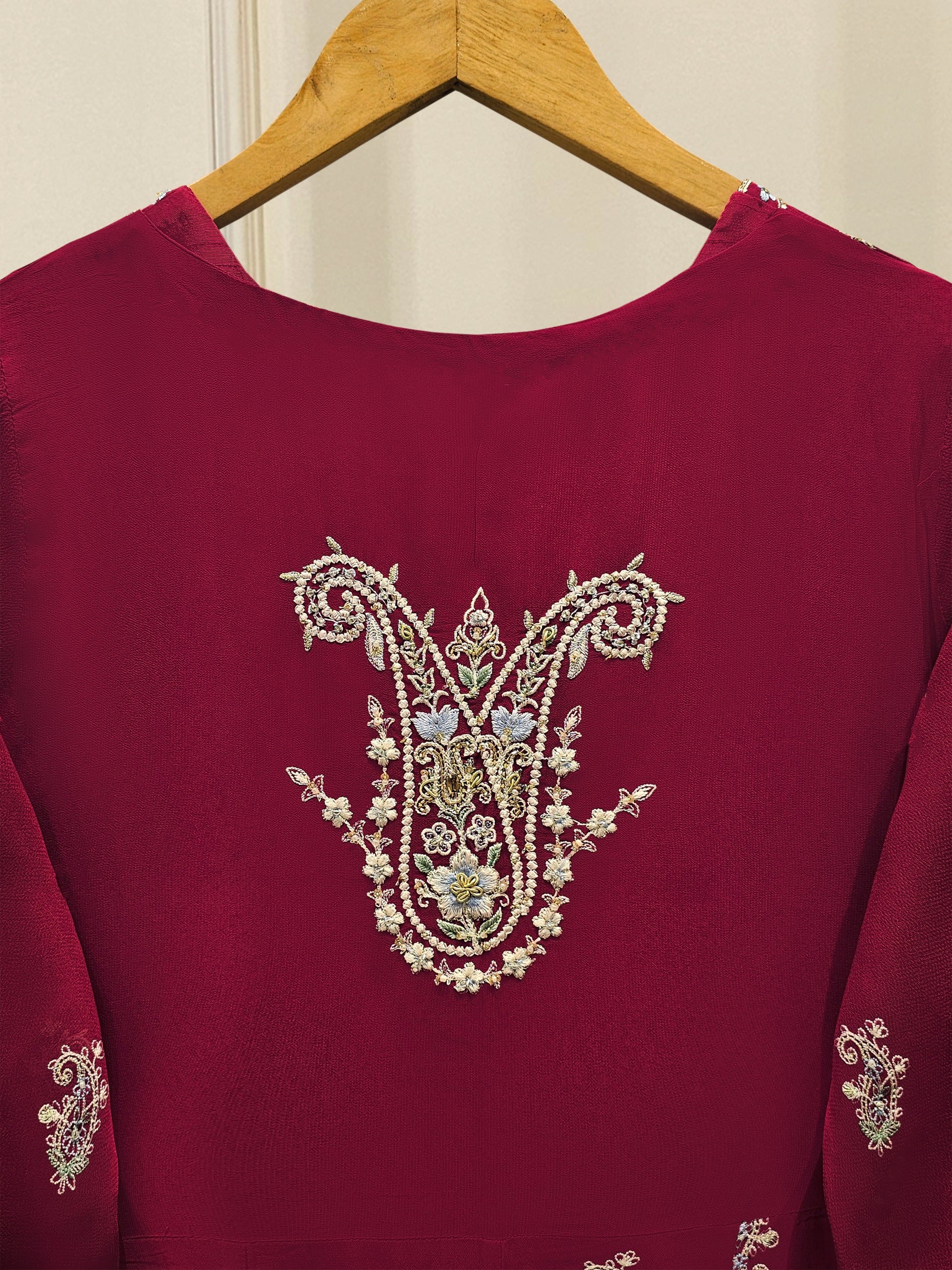 3 Piece - Pure Chiffon Embroidered Frock S111814 - Image 6