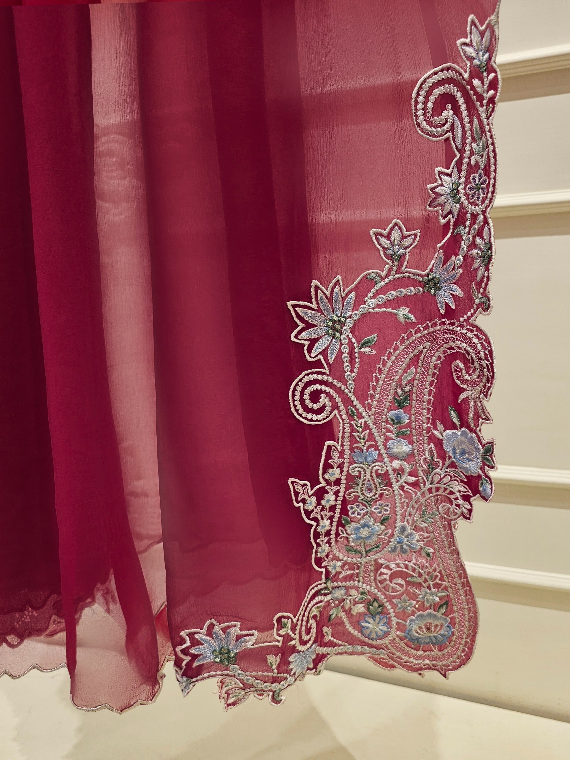 3 Piece - Pure Chiffon Embroidered Frock S111814 - Image 8