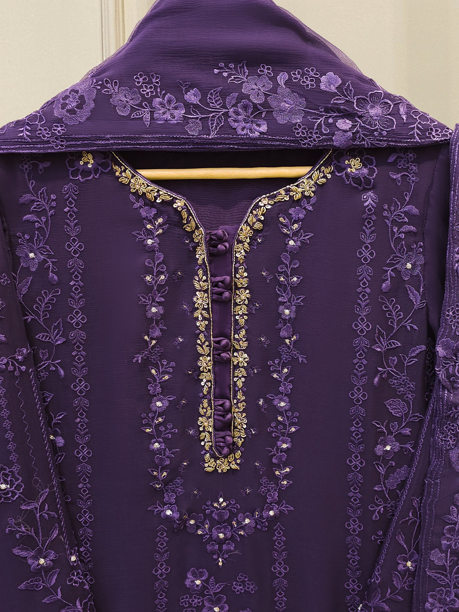 3 Piece - Pure Chiffon Embroidered Suit S112525 - Image 2