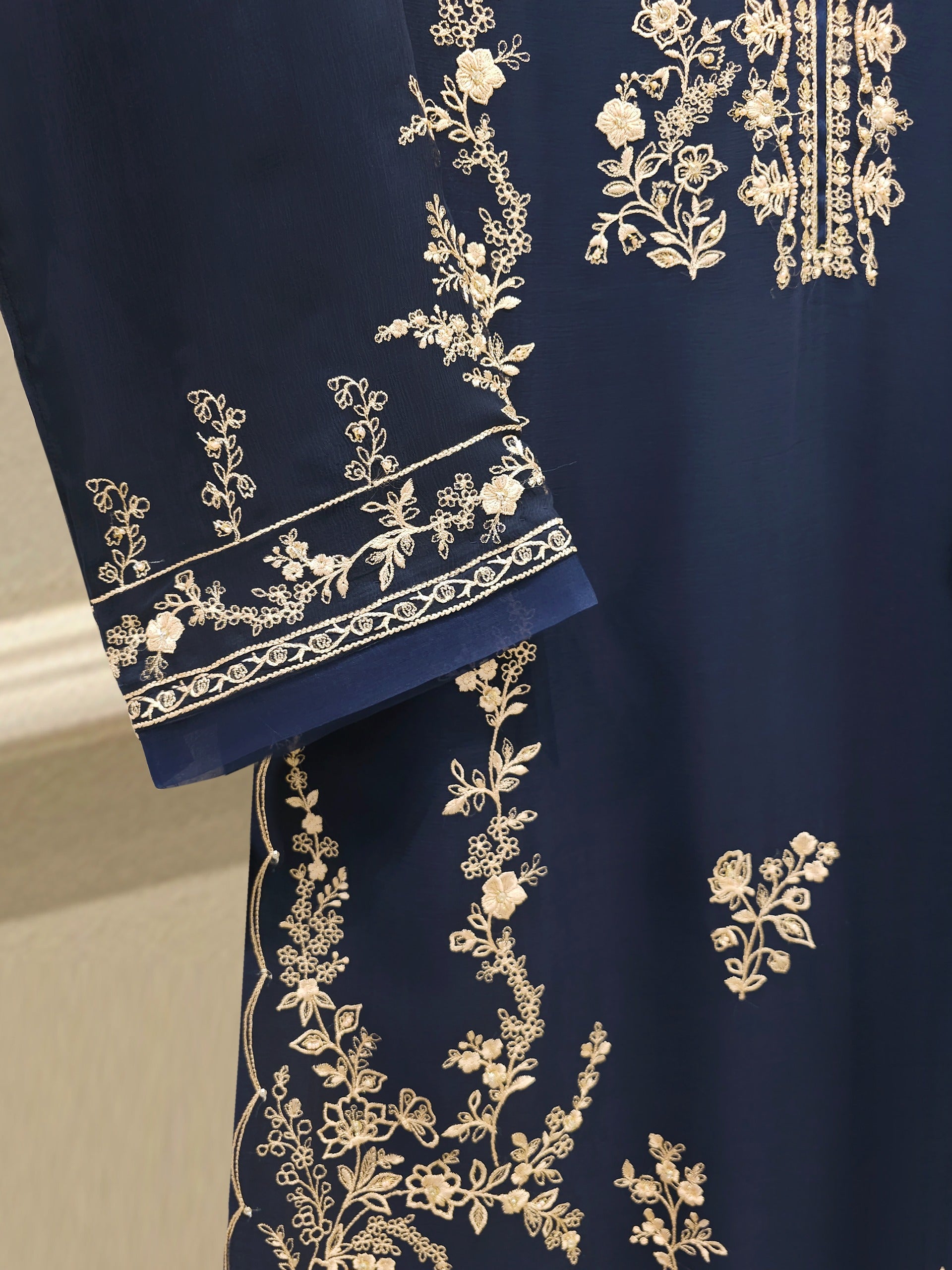 3 Piece - Pure Chiffon Embroidered Suit S112692 - Image 3