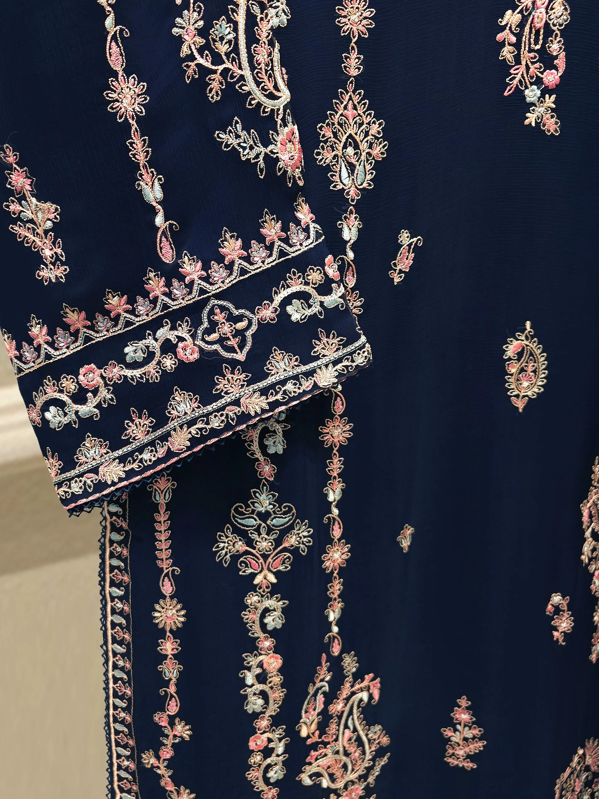 3 Piece - Pure Chiffon Embroidered Suit S112857 - Image 5
