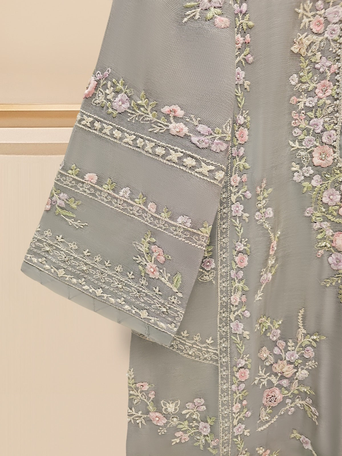 3 Piece - Pure Cotton Net Embroidered Suit S109299 - Image 3