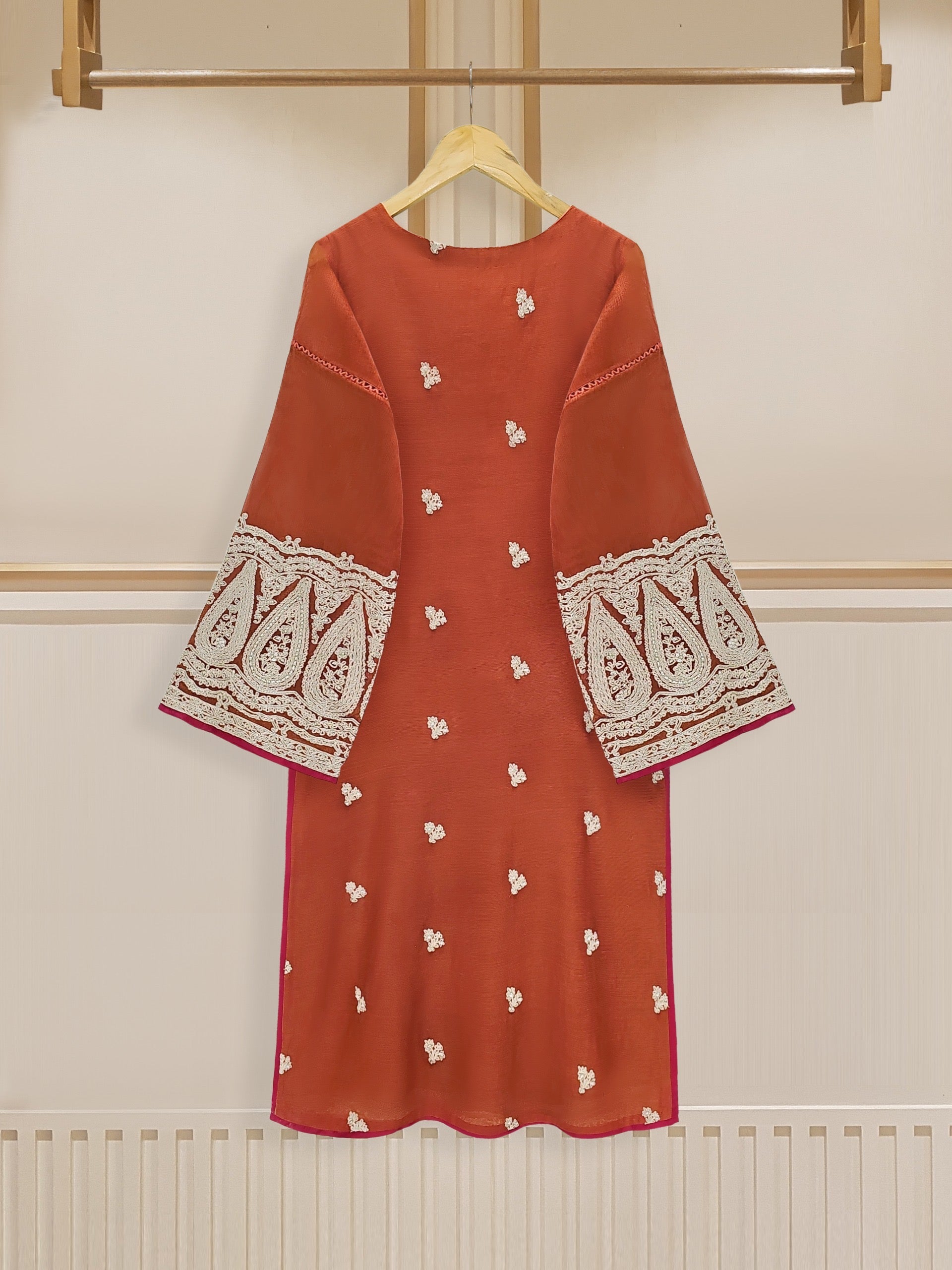 3 Piece - Pure Cotton Net Embroidered Suit S109746 - Image 3
