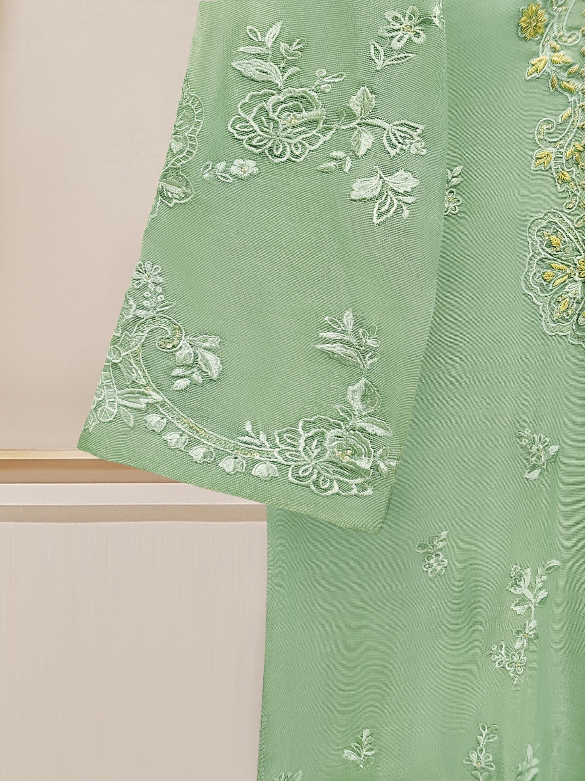 3 Piece - Pure Cotton Net Embroidered Suit S109783 - Image 3