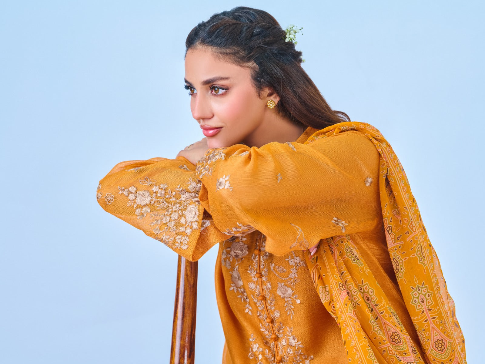 3 Piece - Pure Cotton Net Embroidered Suit S109935 - Image 3