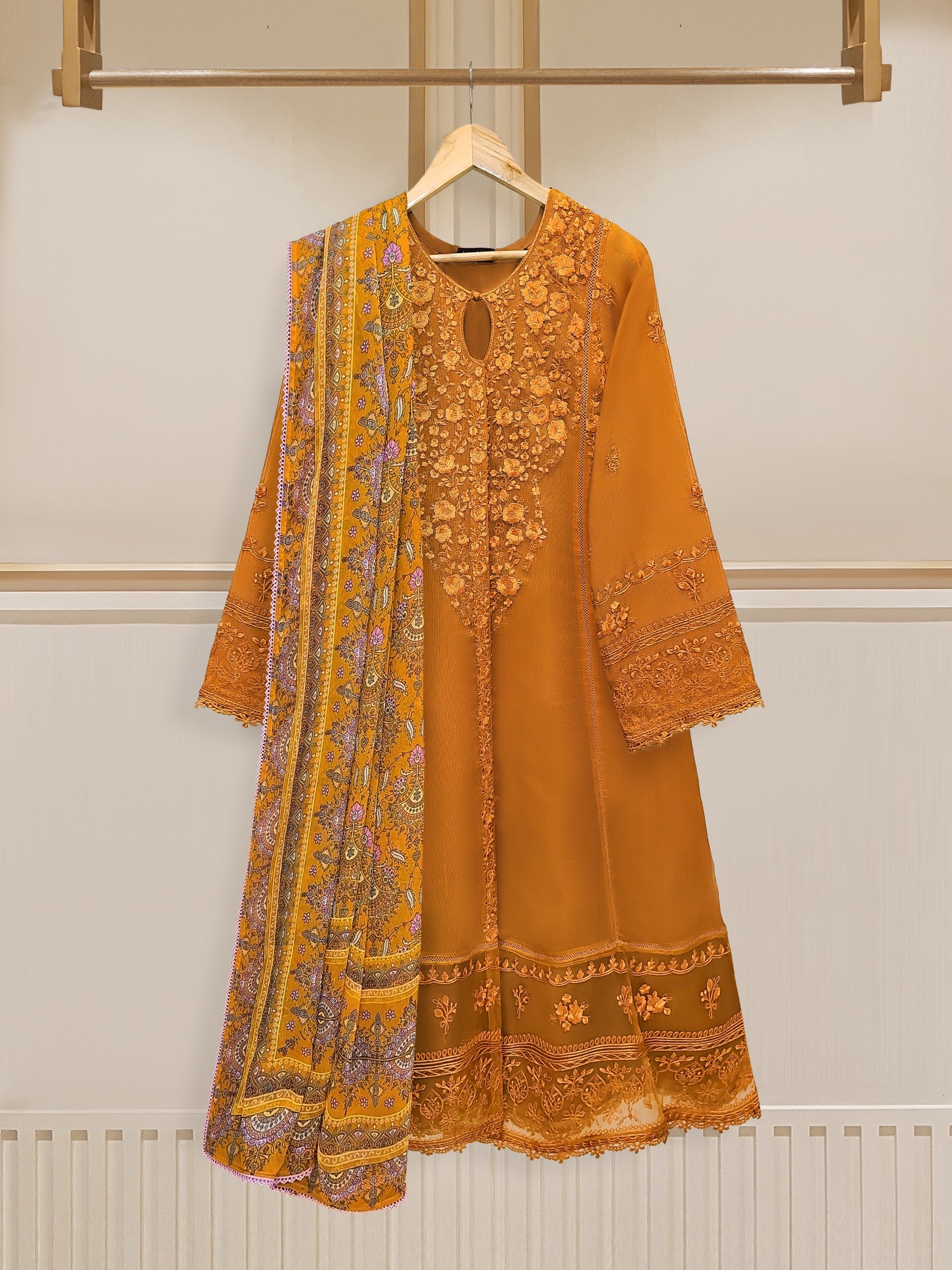 3 Piece - Pure Cotton Net Embroidered Frock S109936