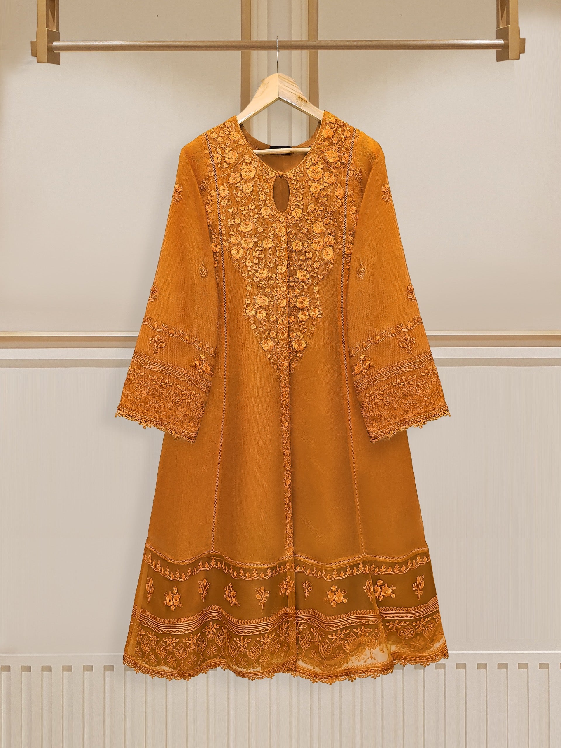 3 Piece - Pure Cotton Net Embroidered Frock S109936 - Image 2