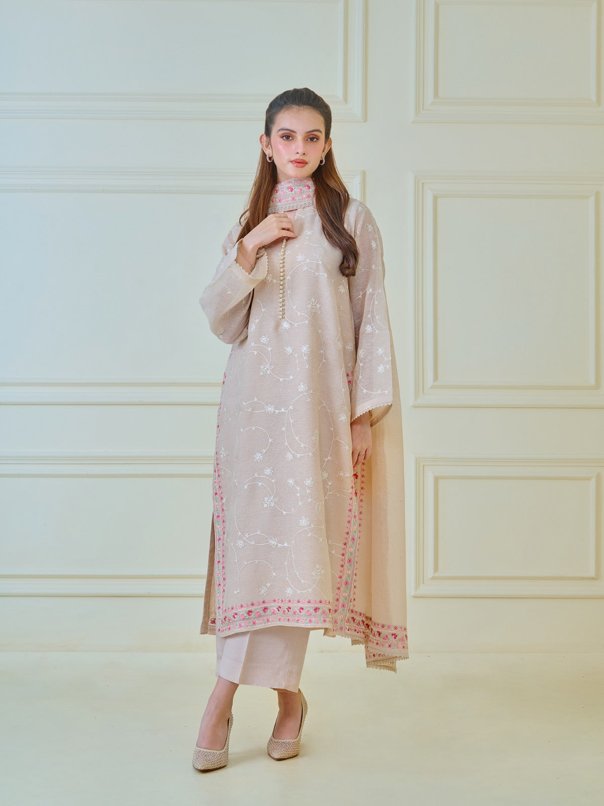 3 Piece - Pure Cotton Net Embroidered Suit S110021 - Image 2