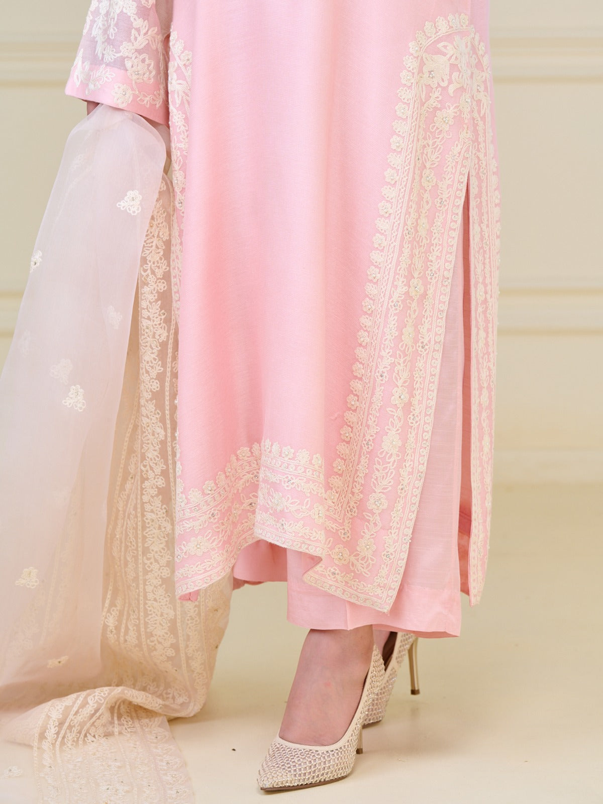 3 Piece - Pure Cotton Net Embroidered Suit S110076 - Image 3