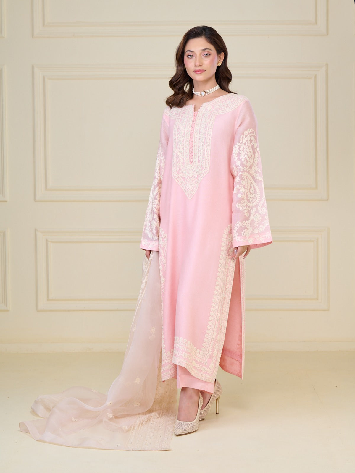 3 Piece - Pure Cotton Net Embroidered Suit S110076 - Image 4