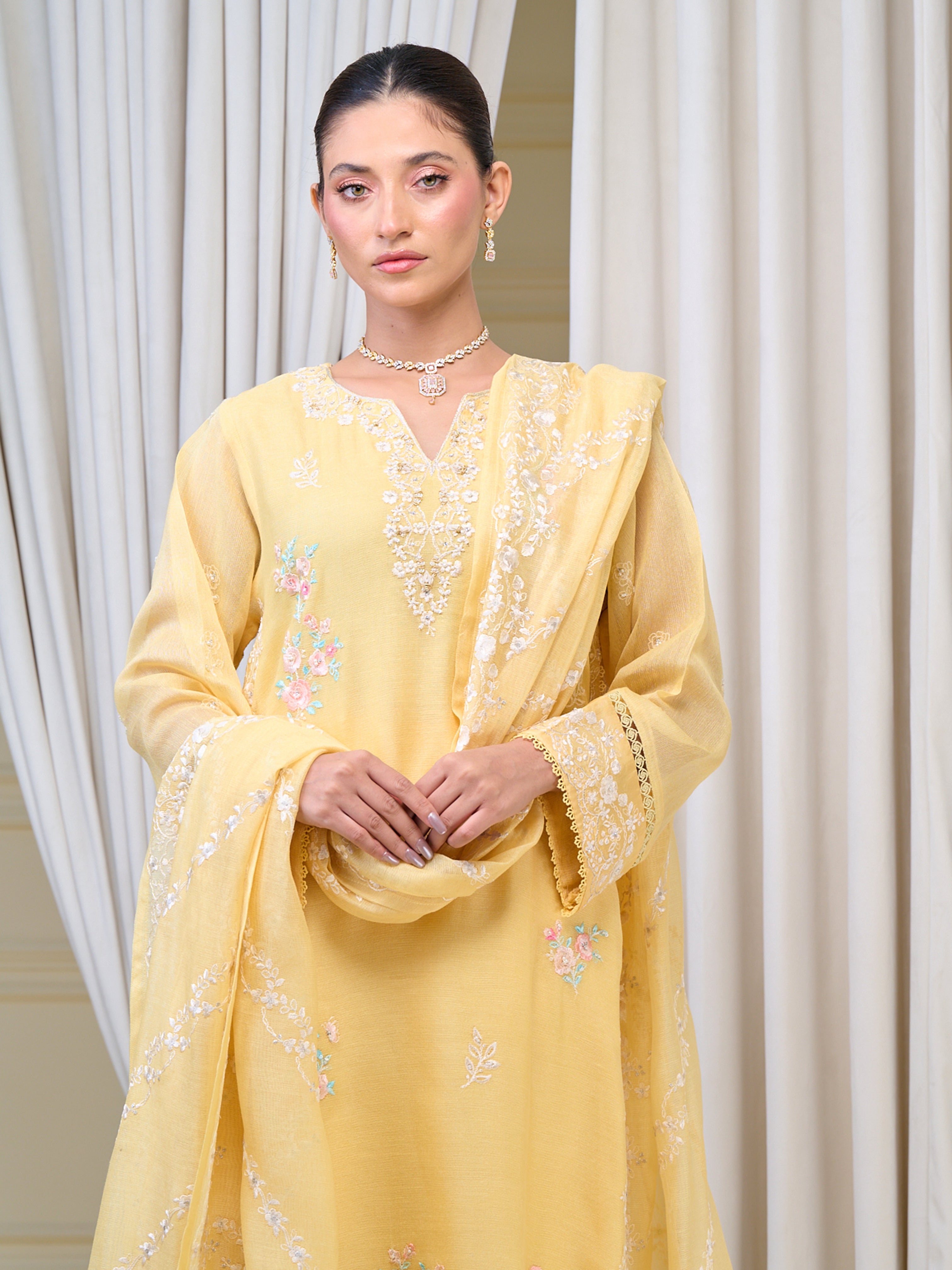 3 Piece - Pure Cotton Net Embroidered Suit S110120 - Image 2