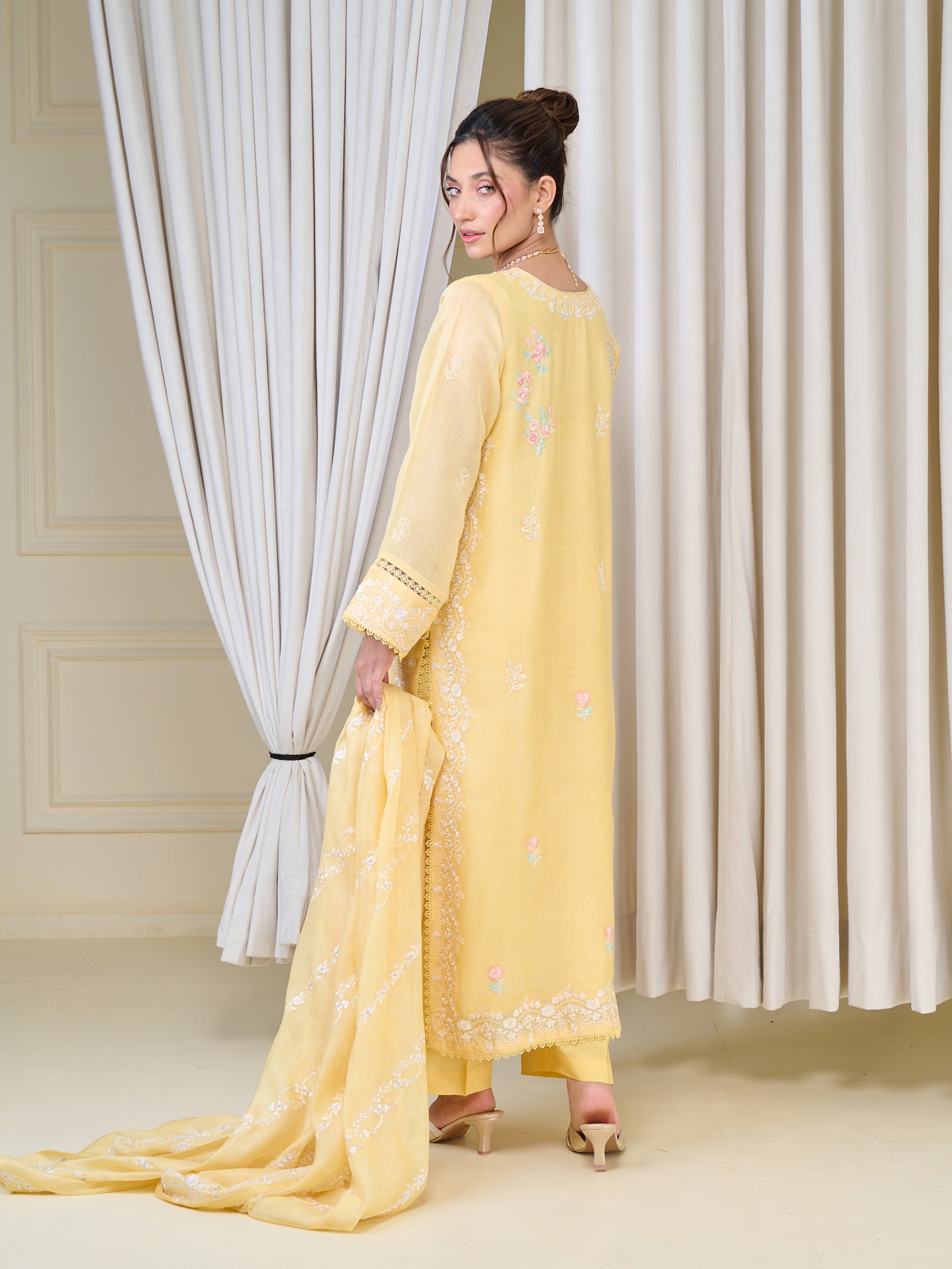 3 Piece - Pure Cotton Net Embroidered Suit S110120 - Image 3