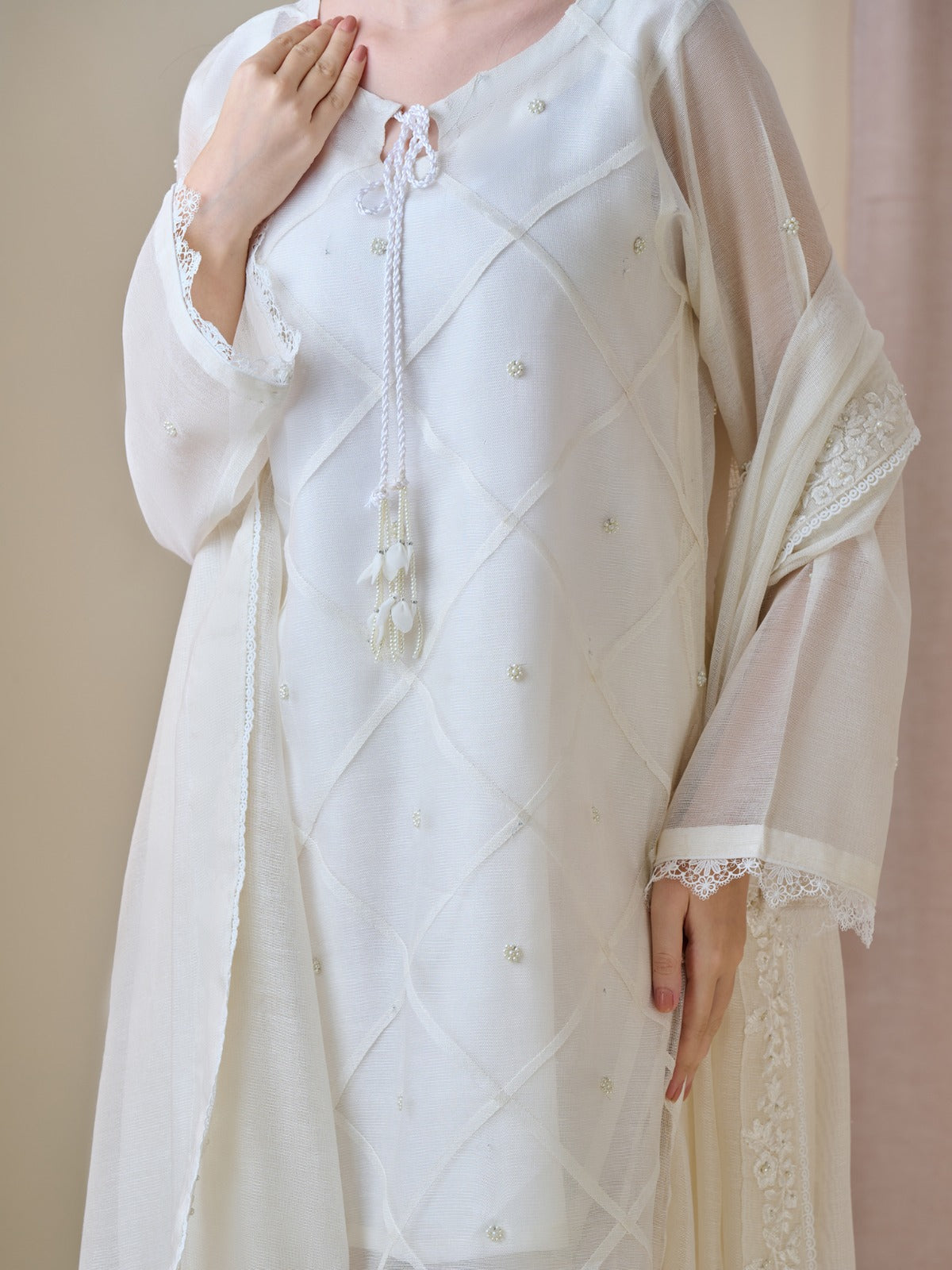 3 Piece - Pure Cotton Net Embroidered Suit S110151 - Image 2