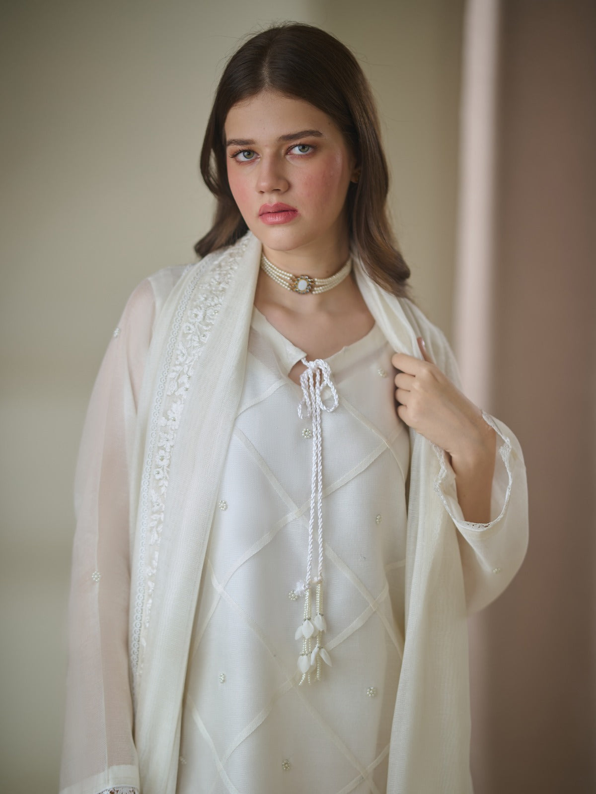 3 Piece - Pure Cotton Net Embroidered Suit S110151 - Image 6