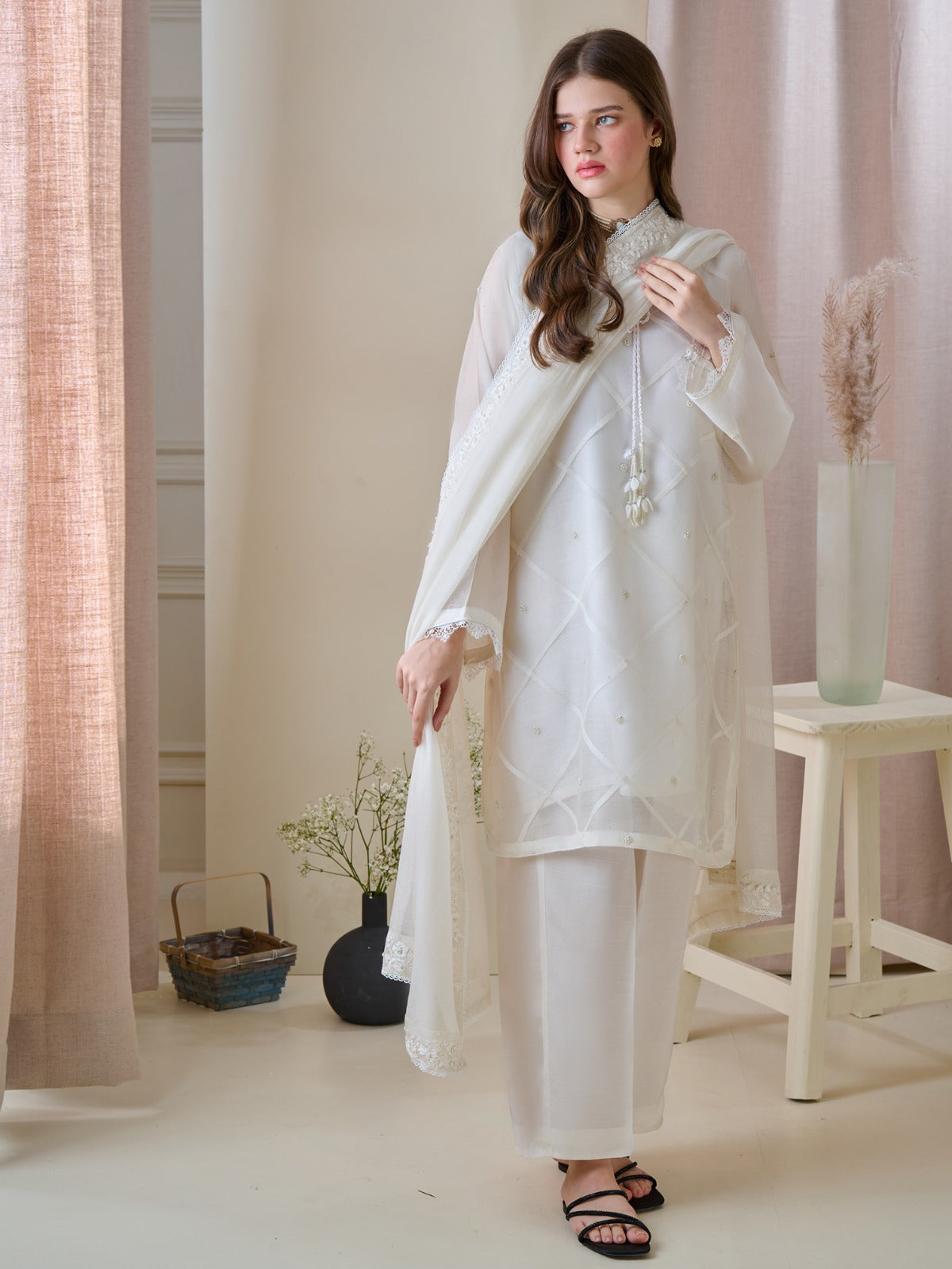 3 Piece - Pure Cotton Net Embroidered Suit S110151 - Image 8