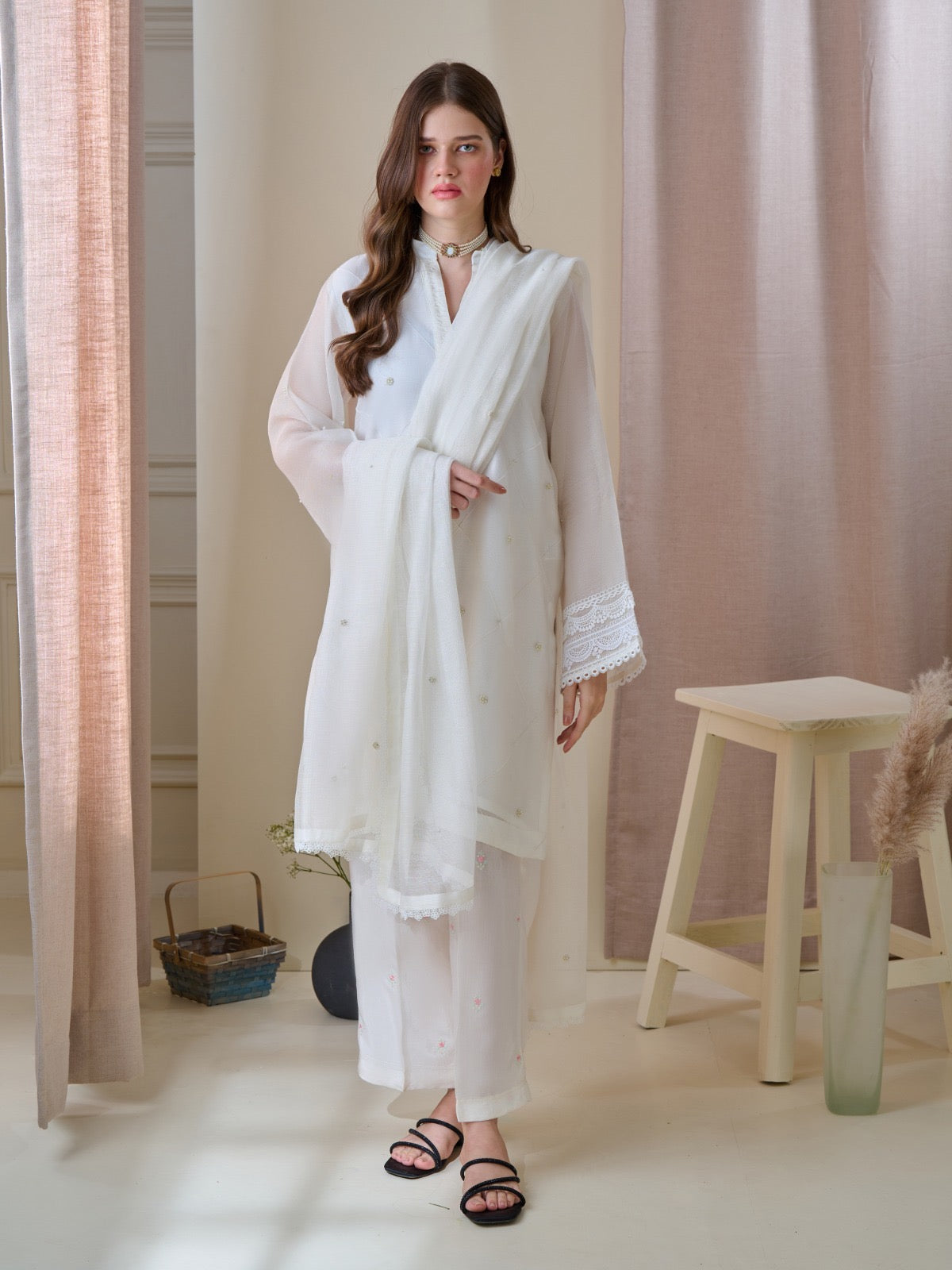 3 Piece - Pure Cotton Net Embroidered Suit S110182 - Image 3