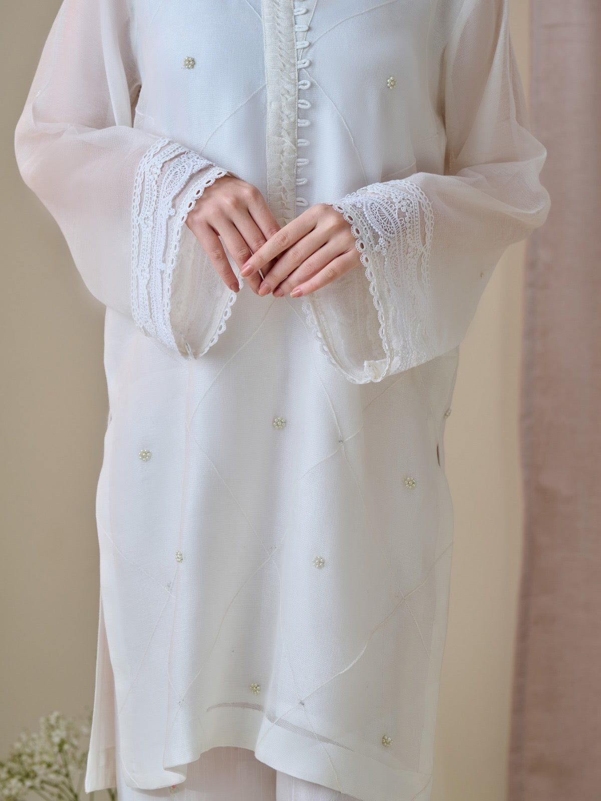3 Piece - Pure Cotton Net Embroidered Suit S110182 - Image 4