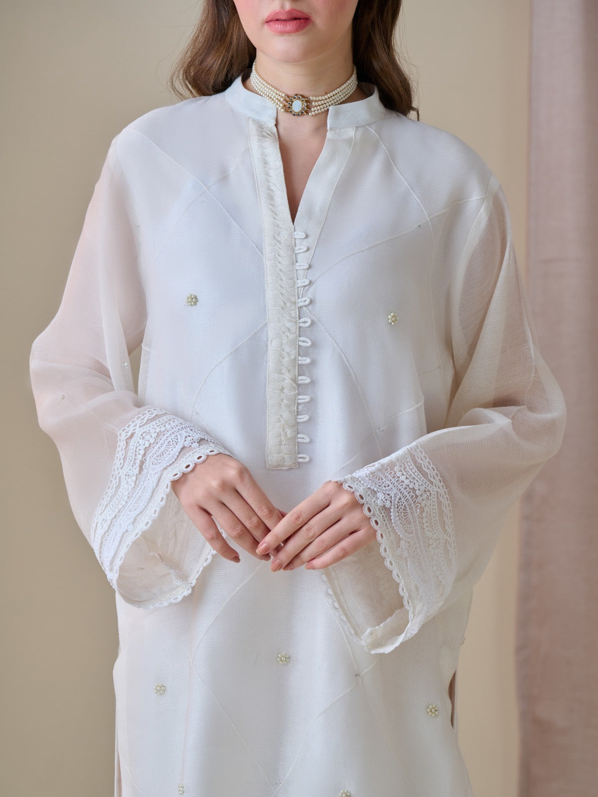3 Piece - Pure Cotton Net Embroidered Suit S110182 - Image 6