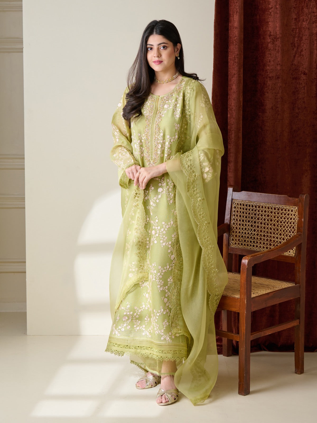 3 Piece - Pure Cotton Net Embroidered Suit S110238