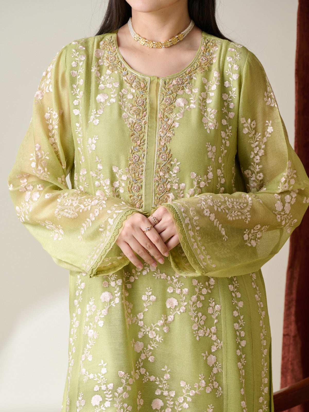 3 Piece - Pure Cotton Net Embroidered Suit S110238 - Image 3