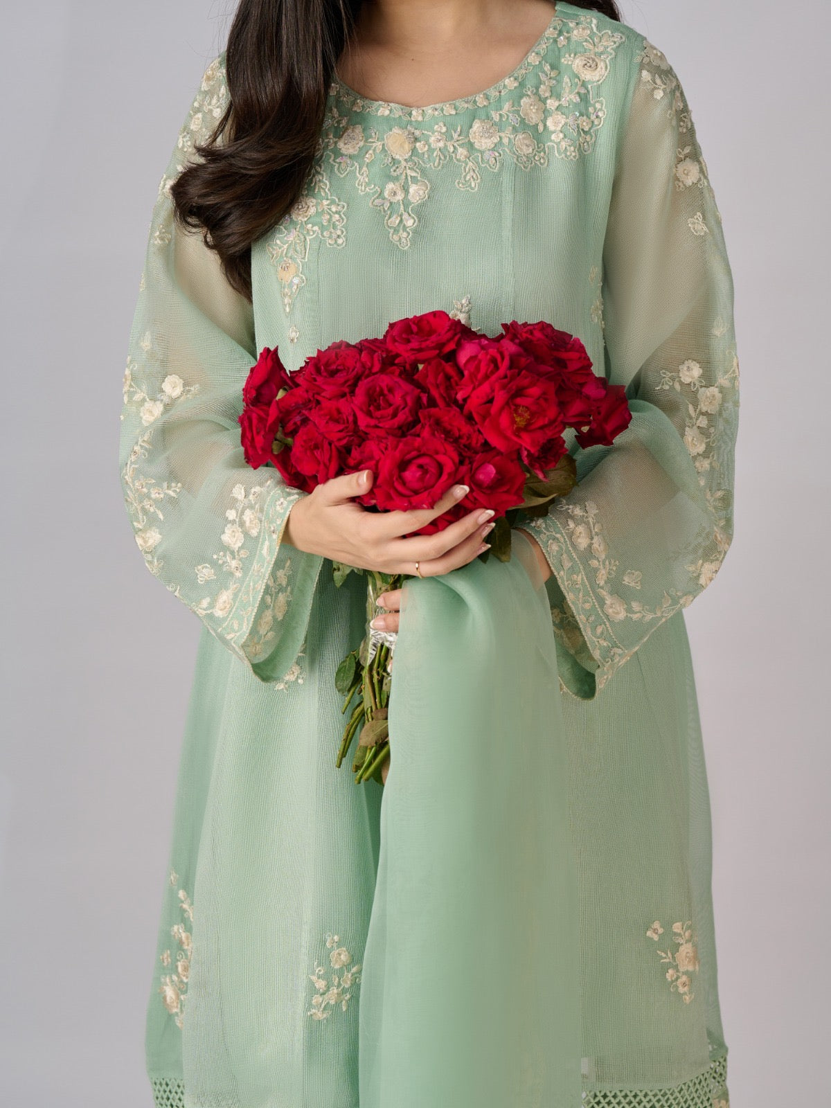 3 Piece - Pure Cotton Net Embroidered Suit S110331 - Image 2