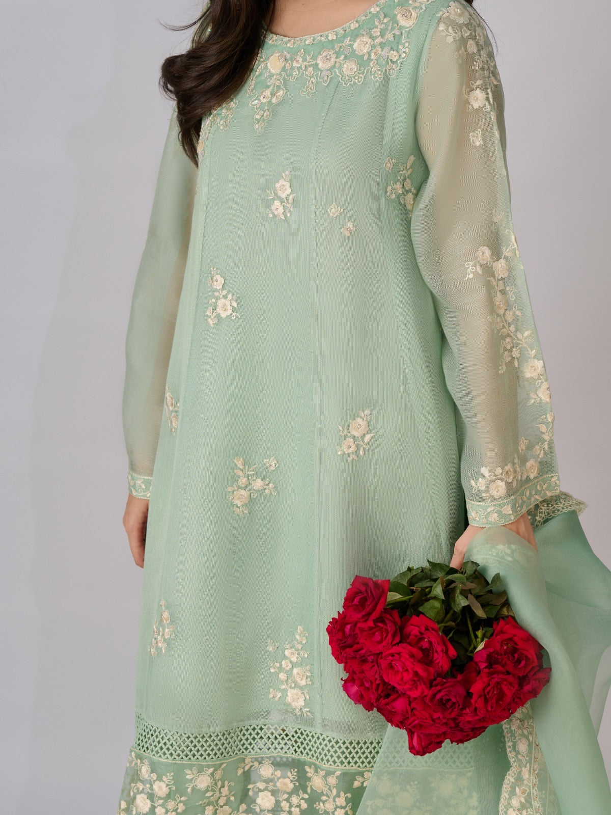 3 Piece - Pure Cotton Net Embroidered Suit S110331 - Image 3