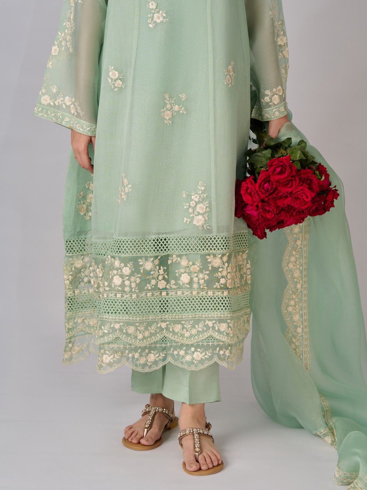 3 Piece - Pure Cotton Net Embroidered Suit S110331 - Image 4