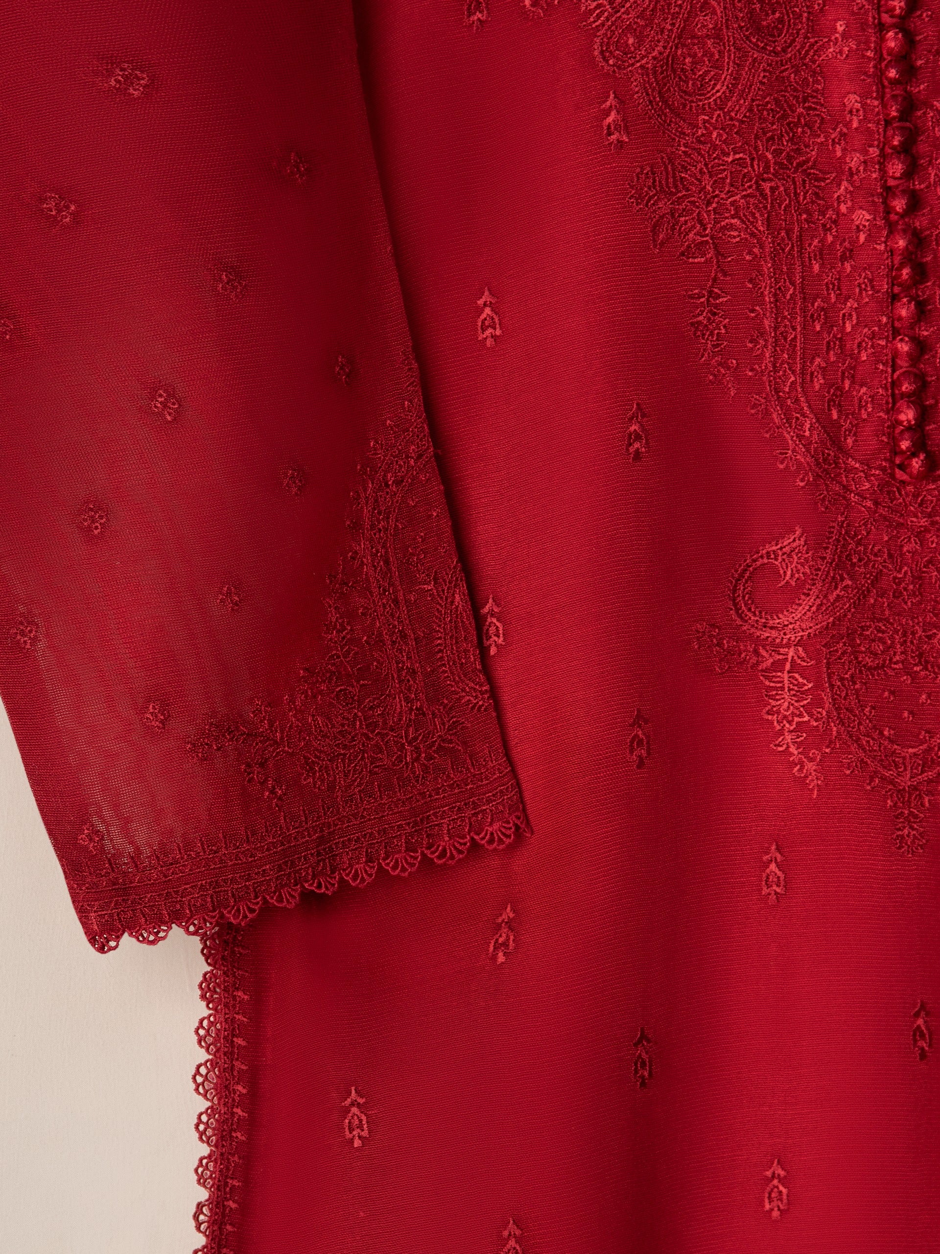 3 Piece- Pure Cotton Net Embroidered Suit S110884 - Image 4