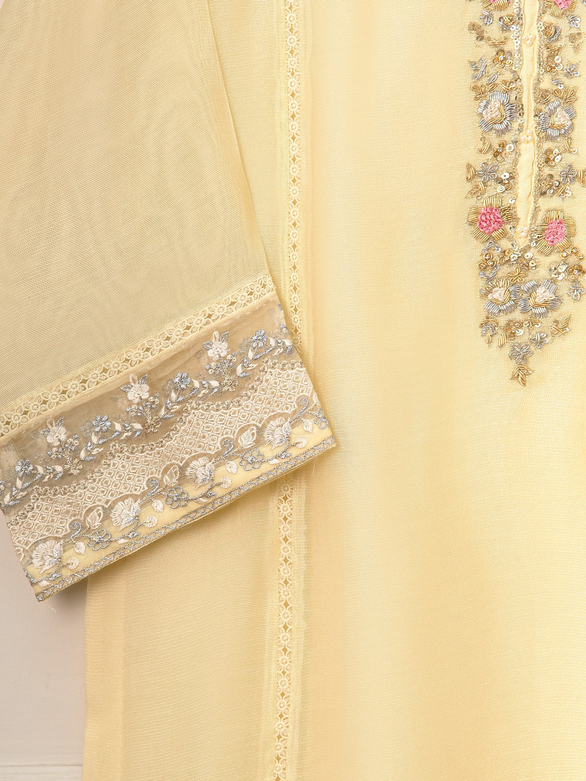 3 Piece - Pure Cotton Net Embroidered Suit S111469 - Image 3