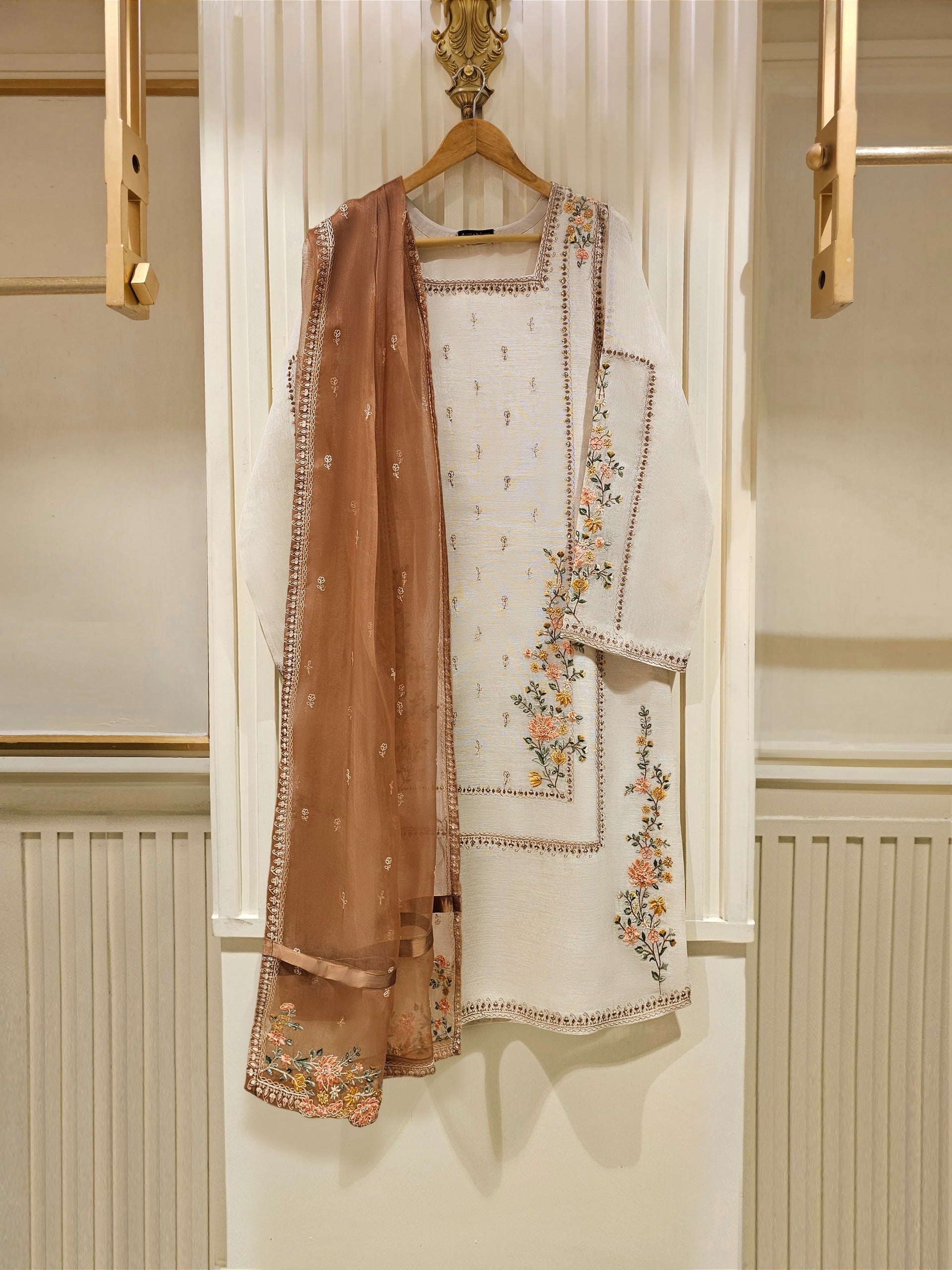 3 Piece - Pure Cotton Net Embroidered Suit S111477