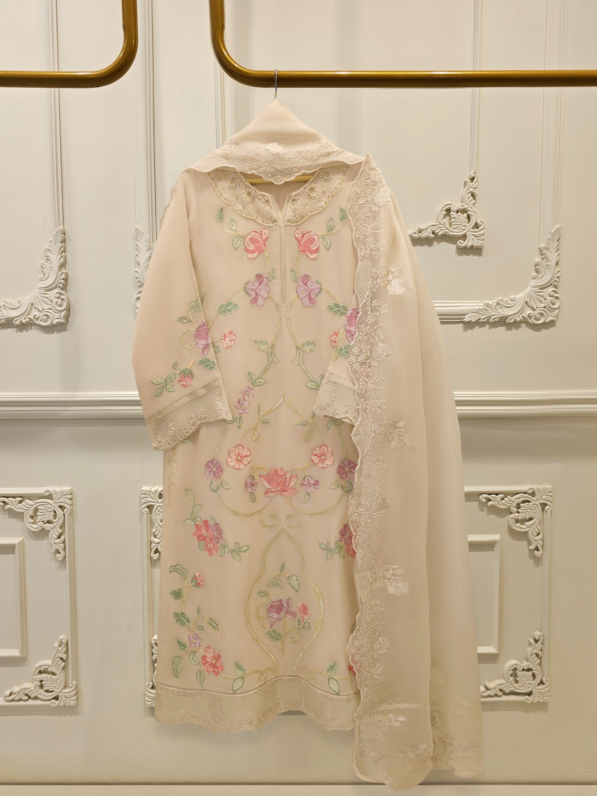 3 Piece - Pure Embroidered Cotton Net Suit S112472 - Image 5