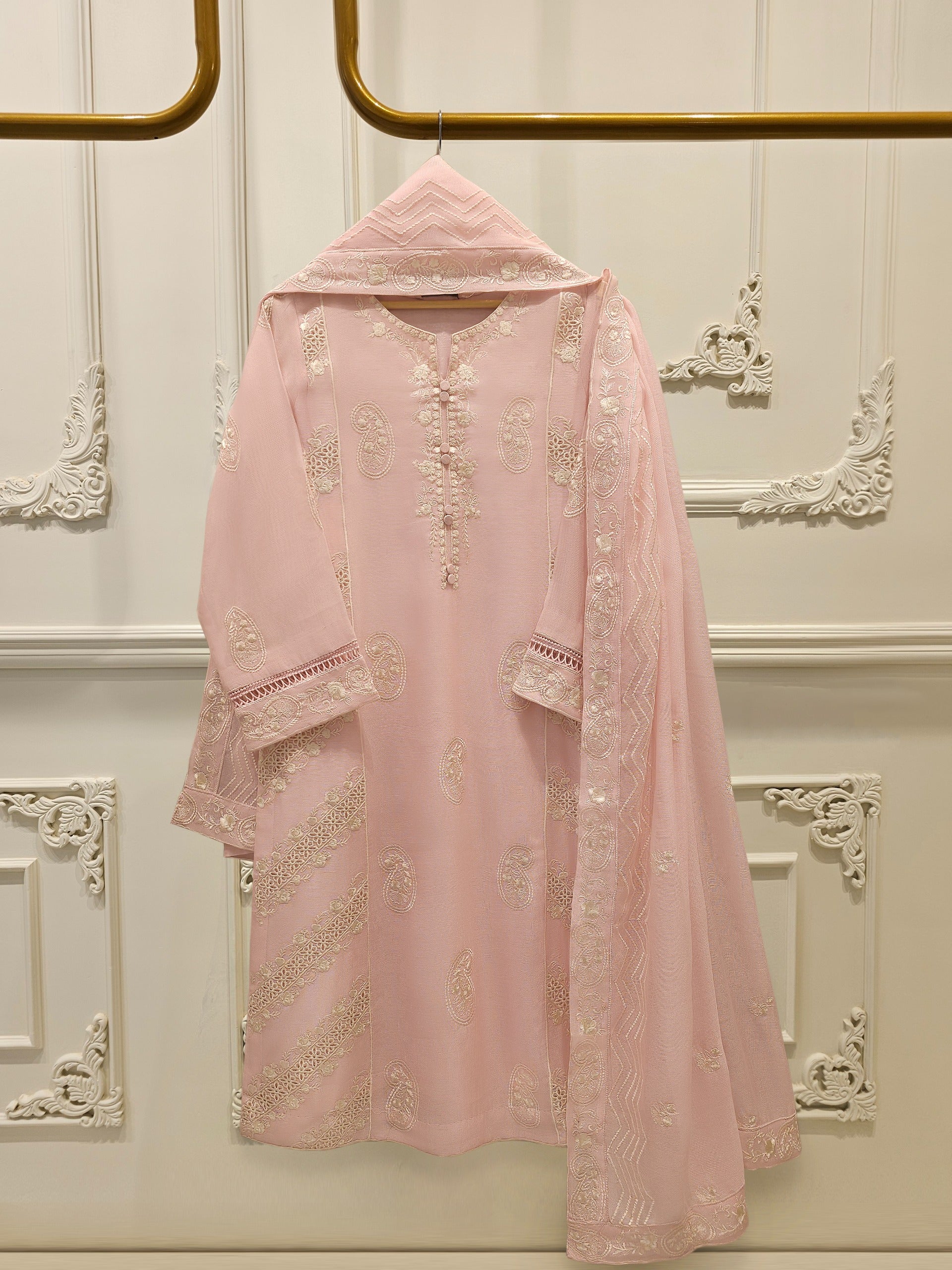 3 Piece - Pure Embroidered Cotton Net Suit S112866