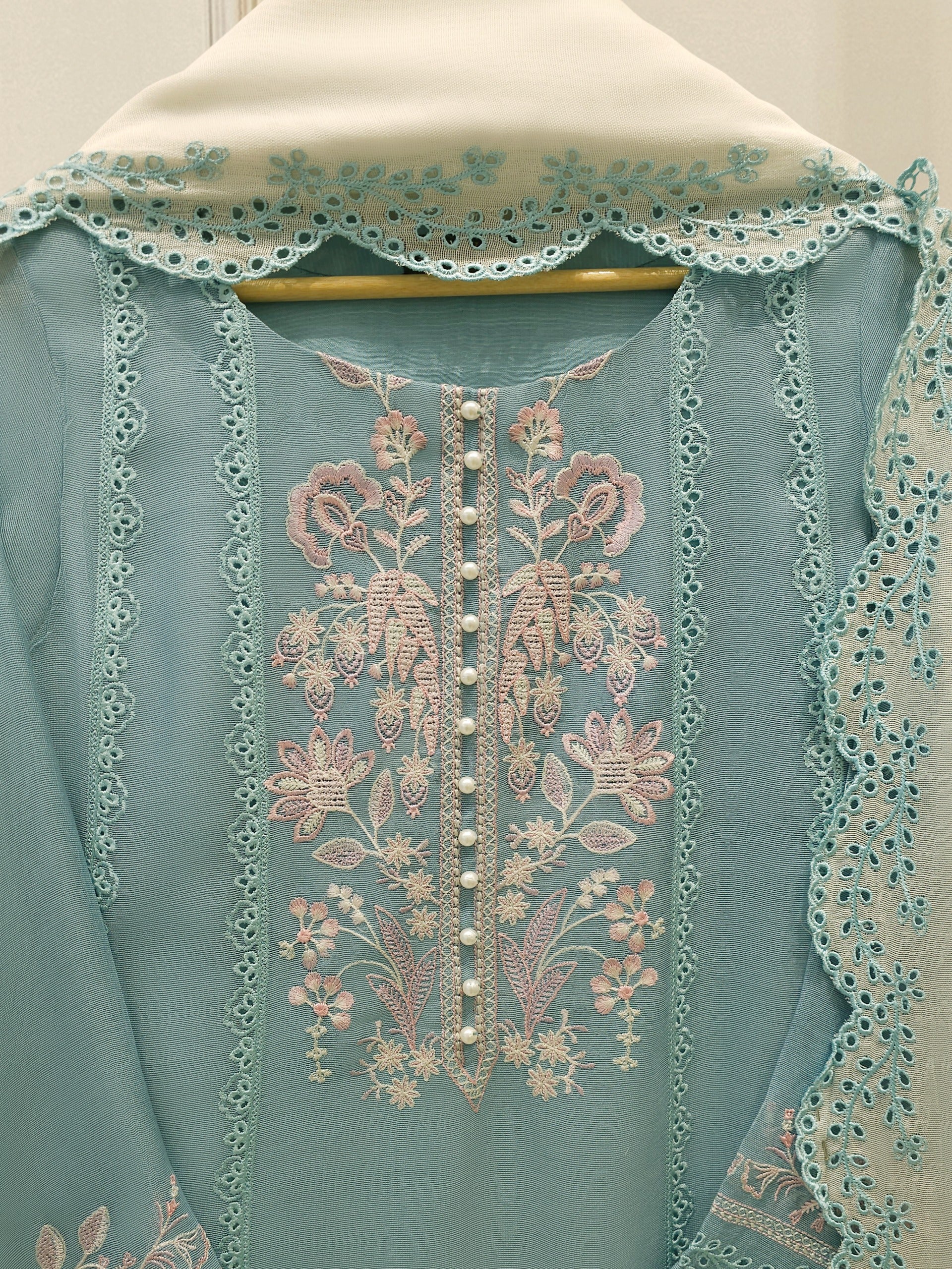 3 Piece - Pure Embroidered Cotton Net Suit S112900 - Image 2