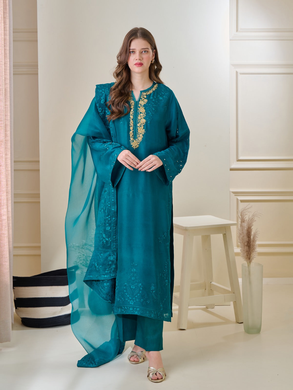 3 Piece - Pure Embroidered  Raw Silk Suit S110132 - Image 2