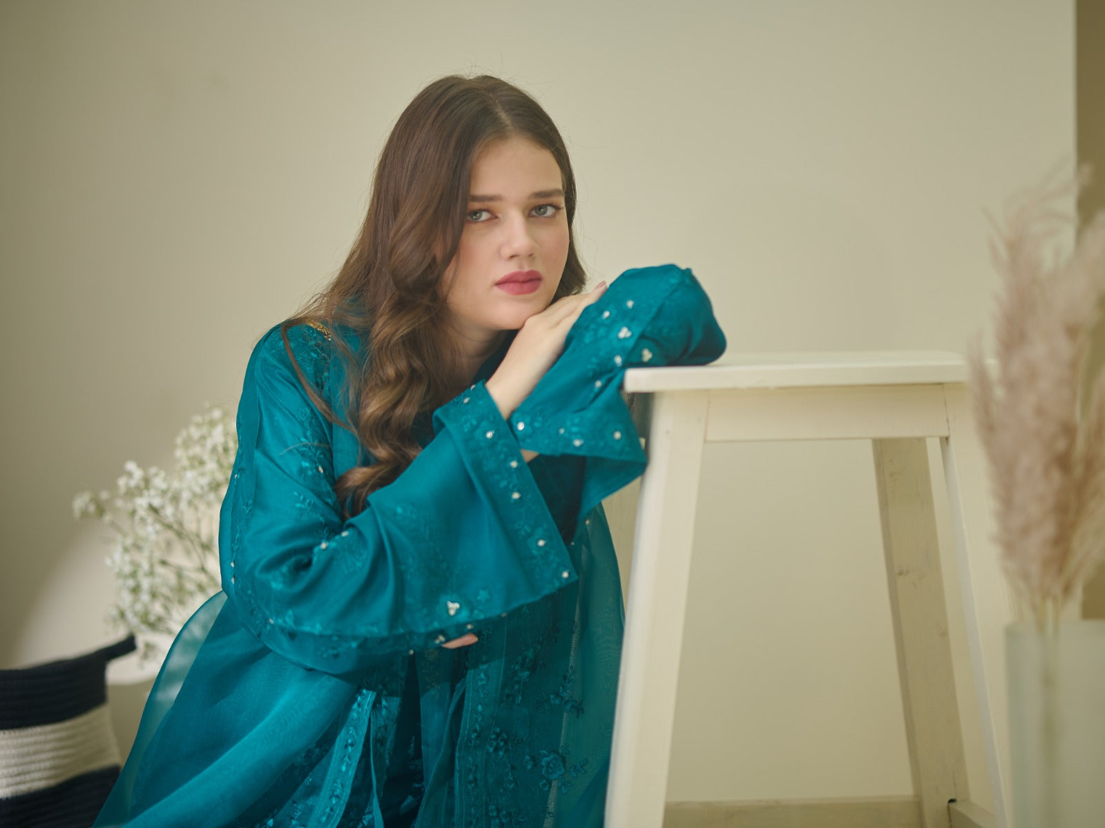 3 Piece - Pure Embroidered  Raw Silk Suit S110132 - Image 4