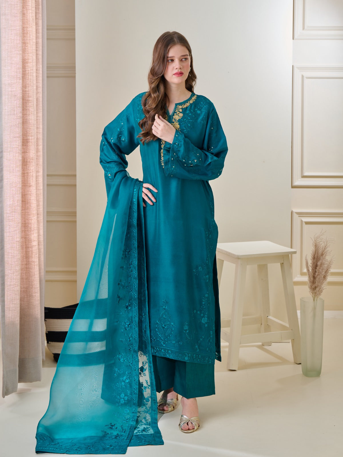 3 Piece - Pure Embroidered  Raw Silk Suit S110132 - Image 5