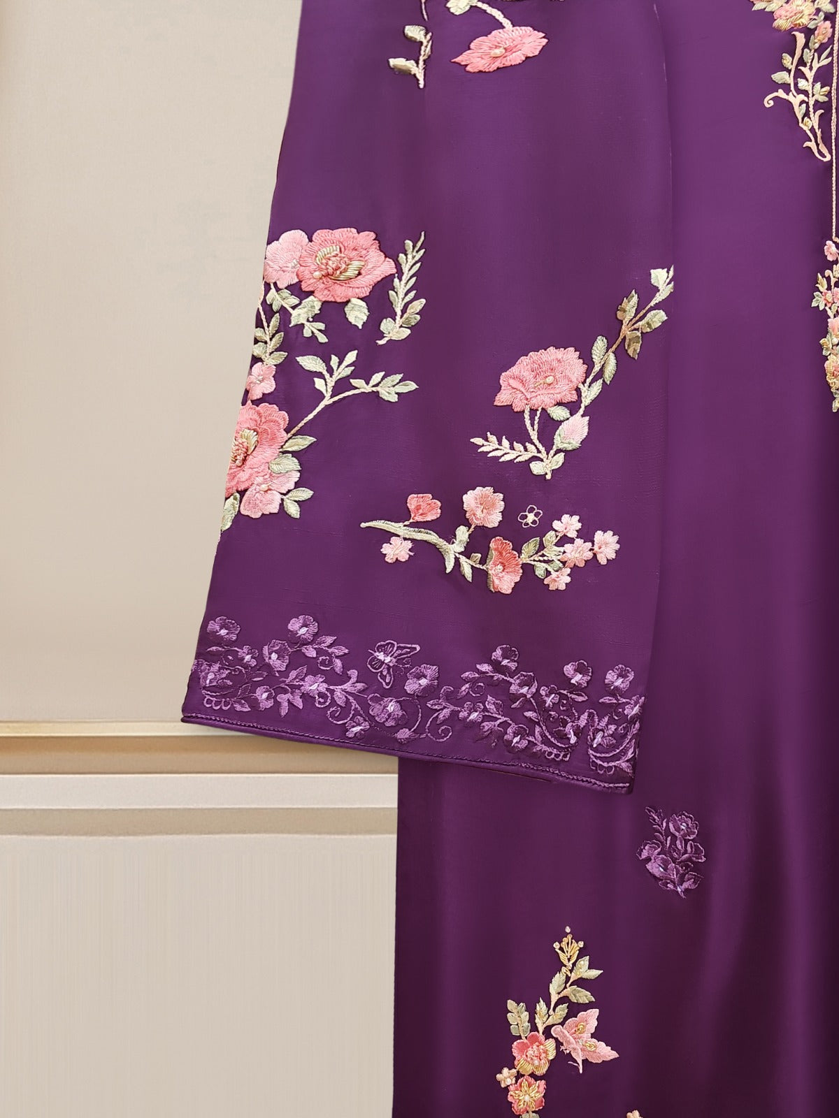3 Piece - Pure Embroidered  Raw Silk Suit S110153 - Image 4