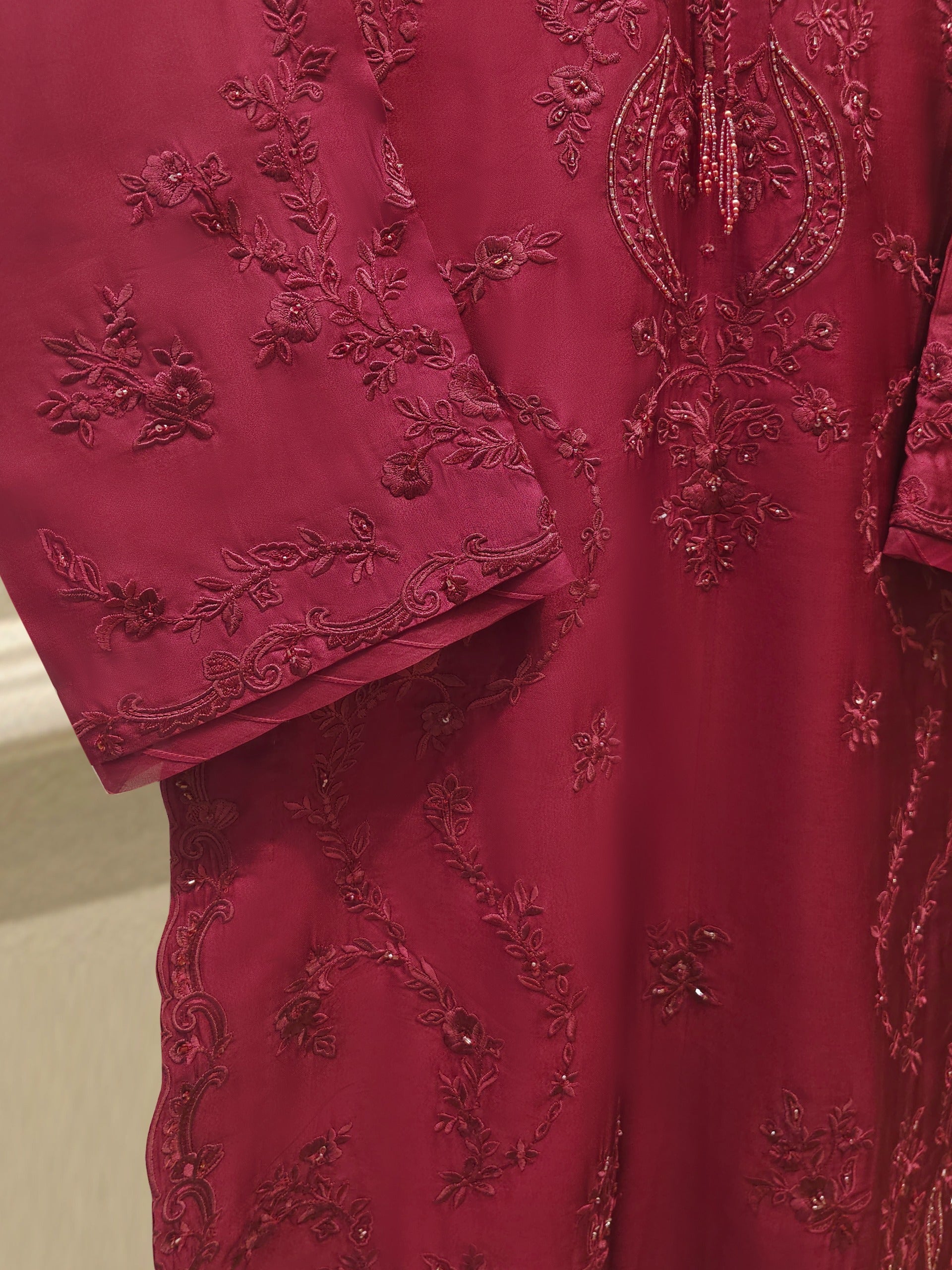 3 Piece-  Pure Embroidered Sheesha Silk Suit S112399 - Image 3