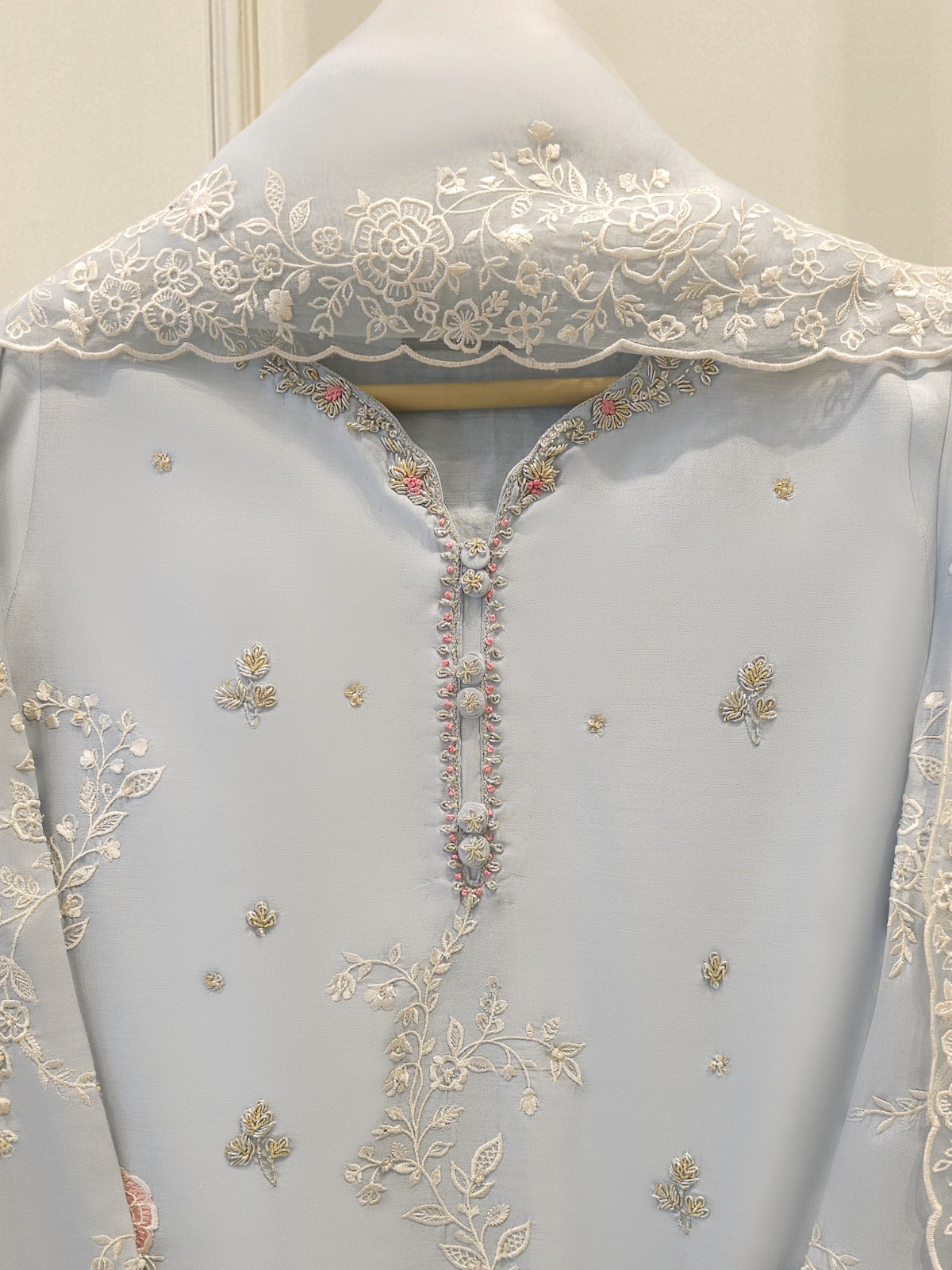 3 Piece- Pure Khadi Silk Embroidered Suit S112082 - Image 2